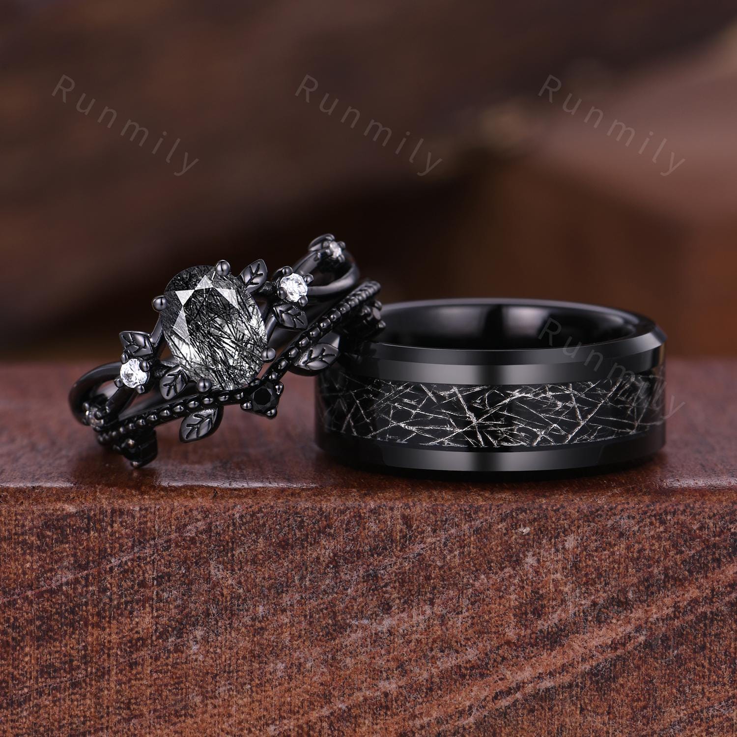 Vintage Black Rutilated Quartz Couples Ring Art Deco Wedding Rings For Men And Women Black Gold Rings Unique Couples Promise Ring Set