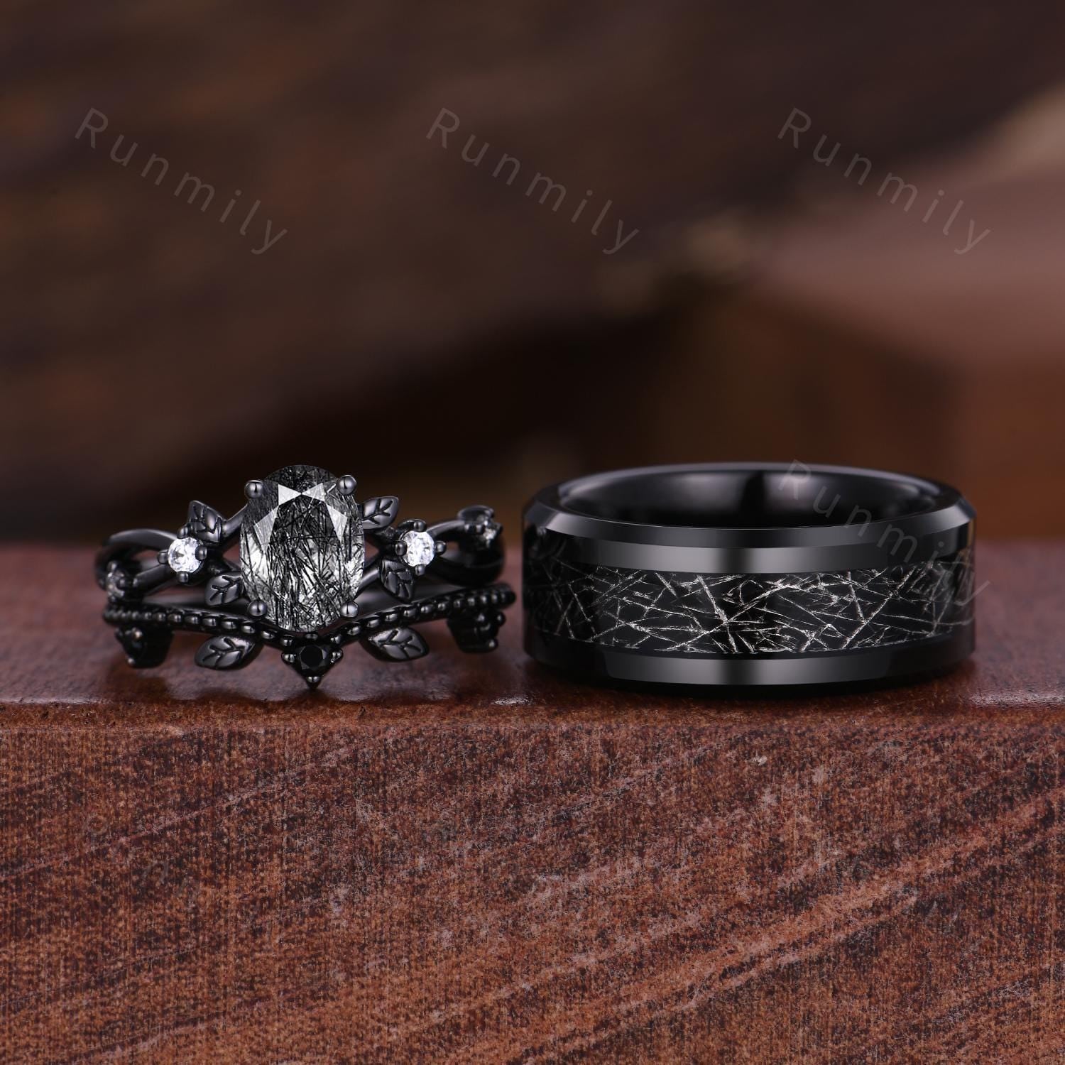 Vintage Black Rutilated Quartz Couples Ring Art Deco Wedding Rings For Men And Women Black Gold Rings Unique Couples Promise Ring Set