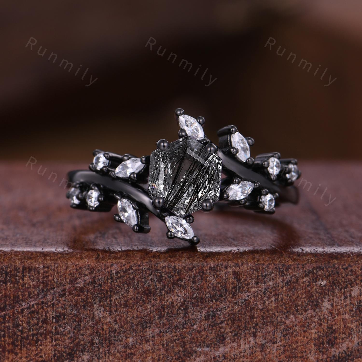 Hexagon Black Rutilated Quartz Couples Ring Black Gold Promise Ring Set Art Deco His and Hers Wedding Band Mens Meteorite Ring Black Rings