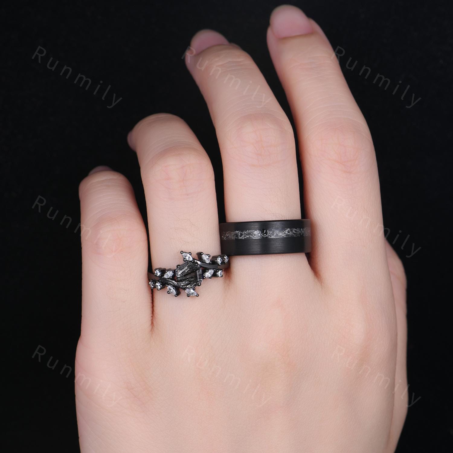 Hexagon Black Rutilated Quartz Couples Ring Black Gold Promise Ring Set Art Deco His and Hers Wedding Band Mens Meteorite Ring Black Rings