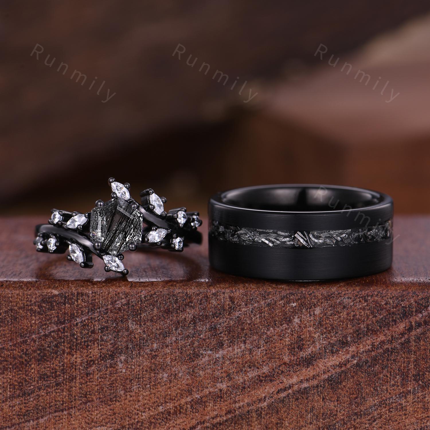 Hexagon Black Rutilated Quartz Couples Ring Black Gold Promise Ring Set Art Deco His and Hers Wedding Band Mens Meteorite Ring Black Rings