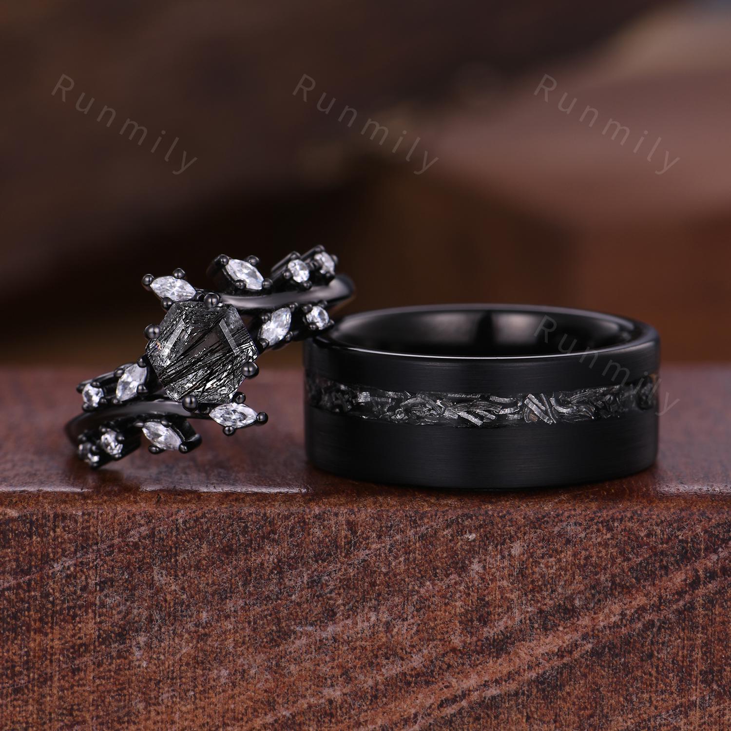Hexagon Black Rutilated Quartz Couples Ring Black Gold Promise Ring Set Art Deco His and Hers Wedding Band Mens Meteorite Ring Black Rings