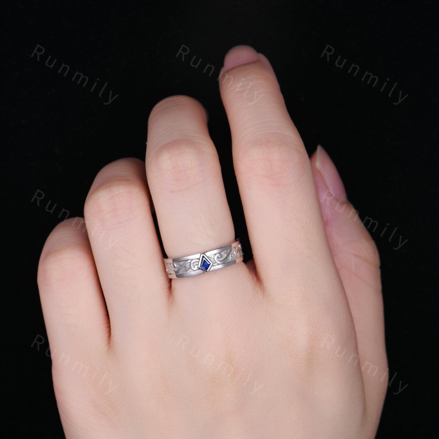 Wave Leaf Blue Sapphire Wedding Band Unique Kite cut Wedding Band Mens 5mm Ring His Engagement Ring Band September Ring Gift For Husband