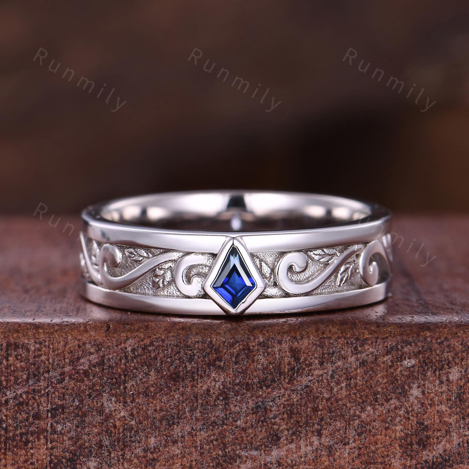Wave Leaf Blue Sapphire Wedding Band Unique Kite Cut Wedding Band Mens 5mm Ring His Engagement Ring Band September Ring Gift For Husband