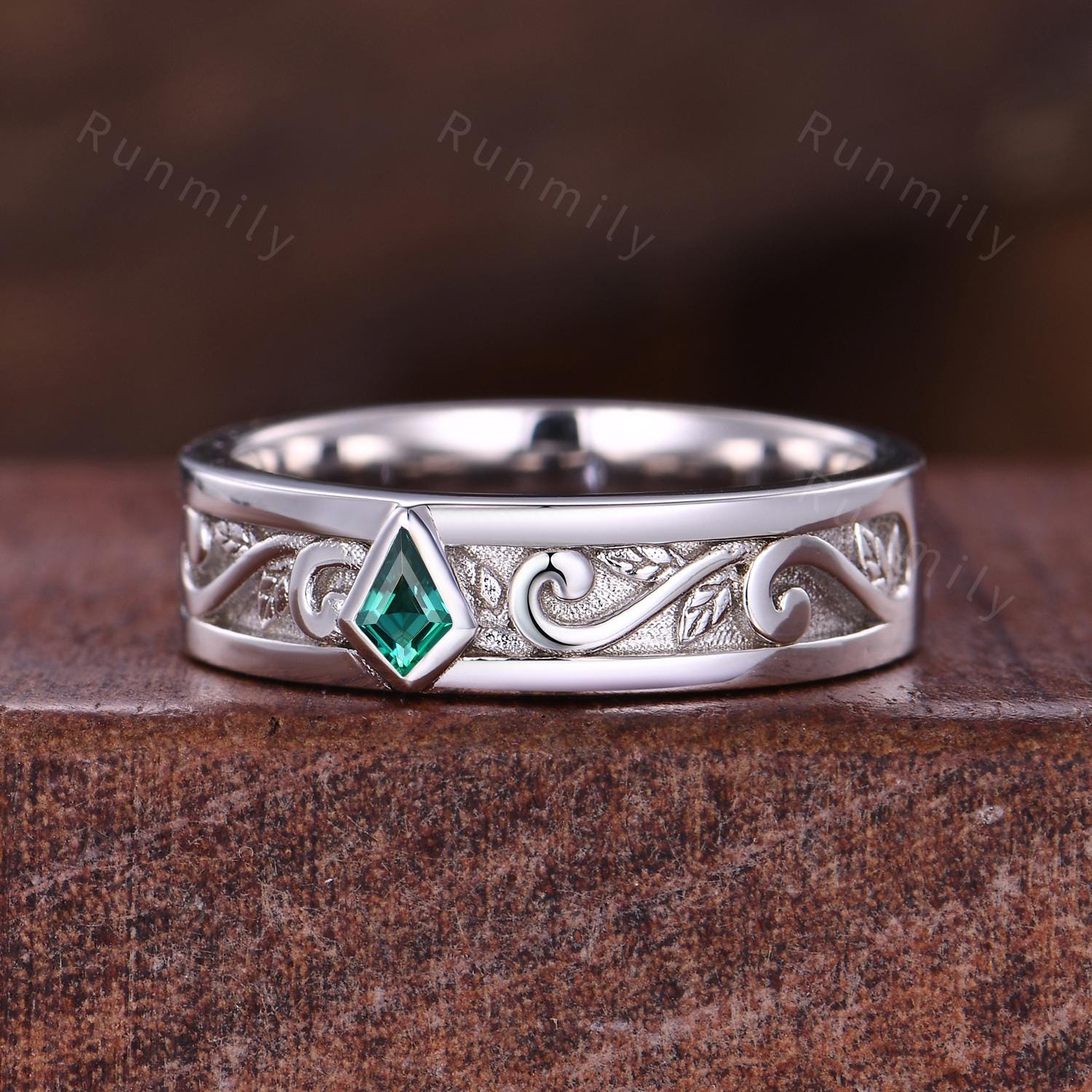 Unique Mens Emerald Wedding Band Kite Cut Emerald Ring Mens 5mm Ring His Engagement Ring Band Branch Leaf Ring May Ring For Husband/Father