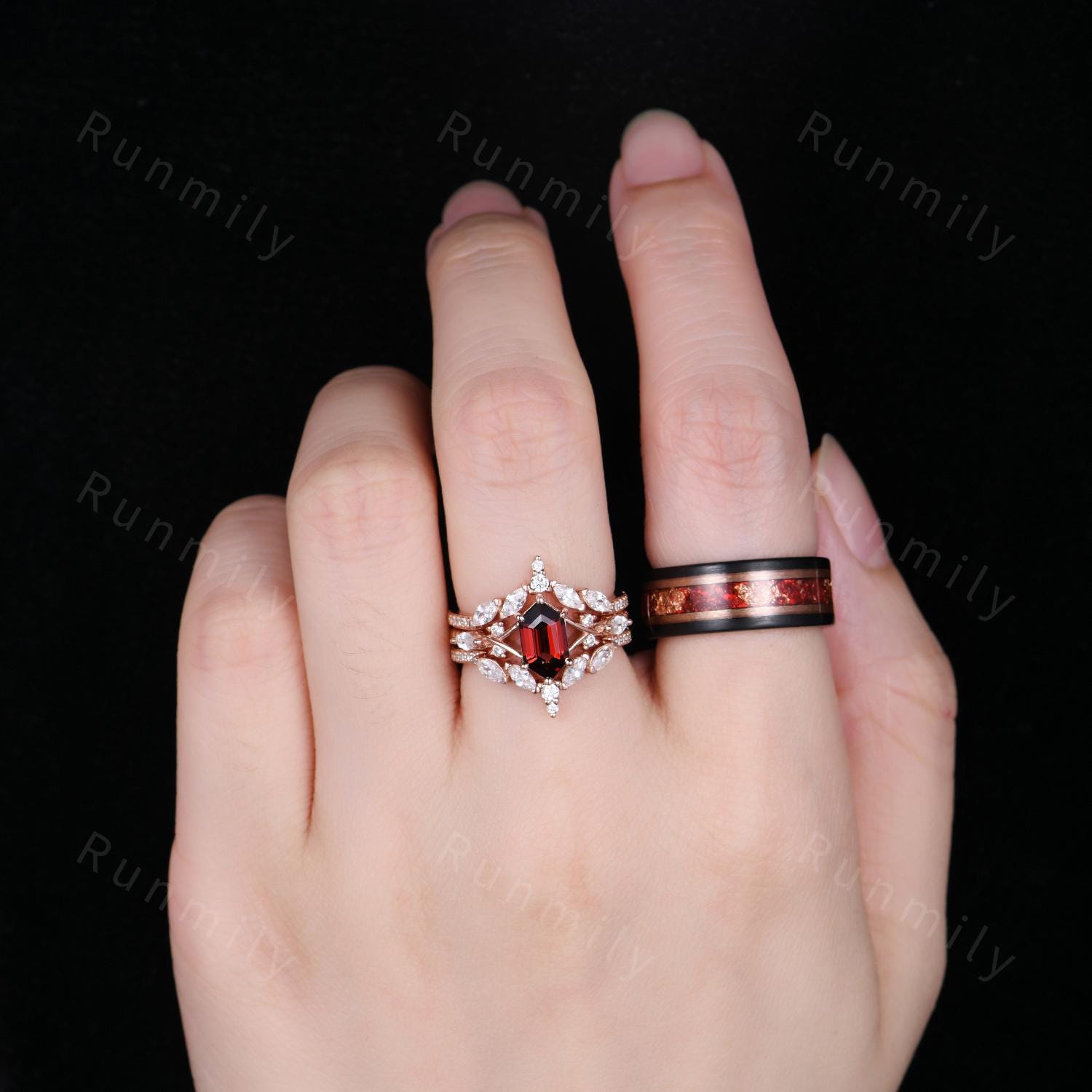 Vintage Hexagon Garnet Couples Ring Set Double Curved Diamond Band Rose Gold His and Her Bands Mens Garnet Ring Promise Ring For Couple