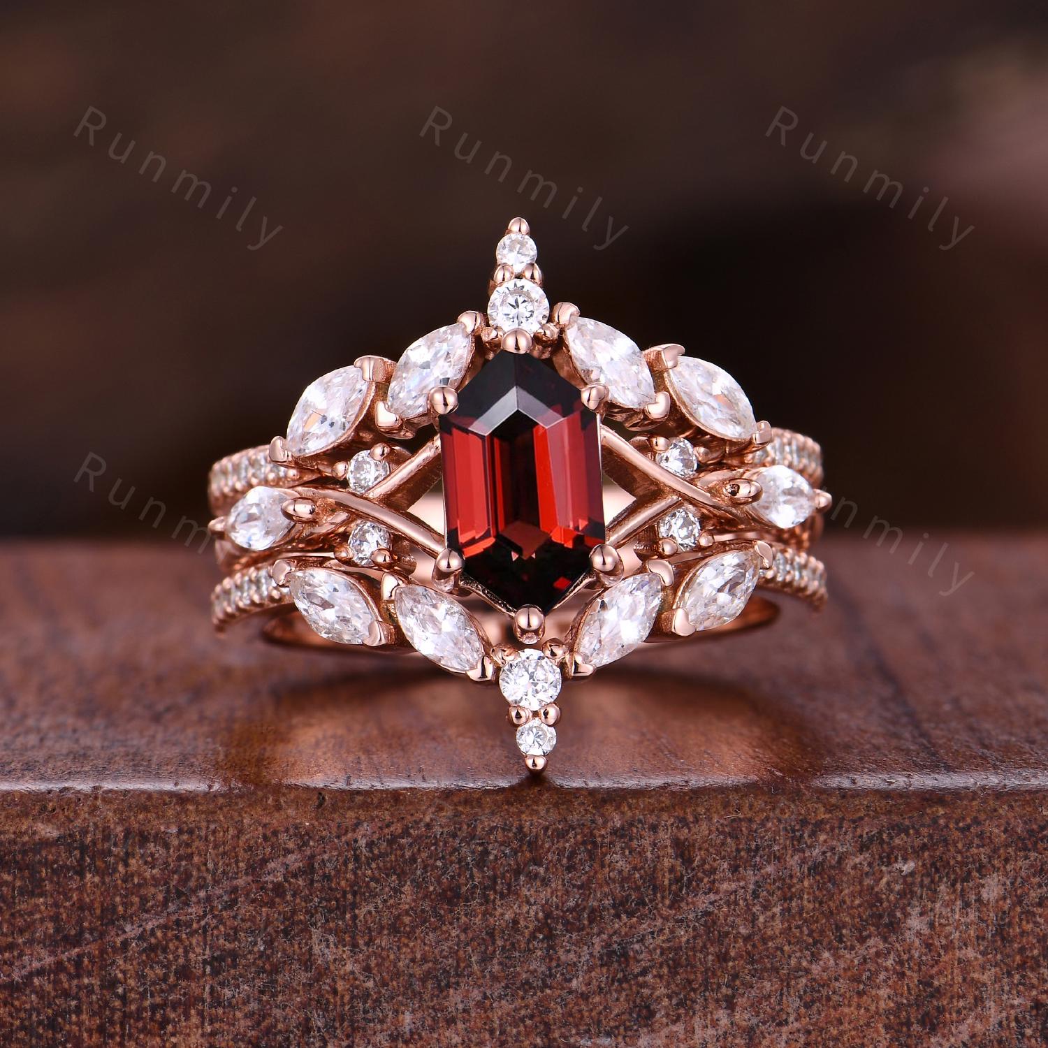 Vintage Hexagon Garnet Couples Ring Set Double Curved Diamond Band Rose Gold His and Her Bands Mens Garnet Ring Promise Ring For Couple