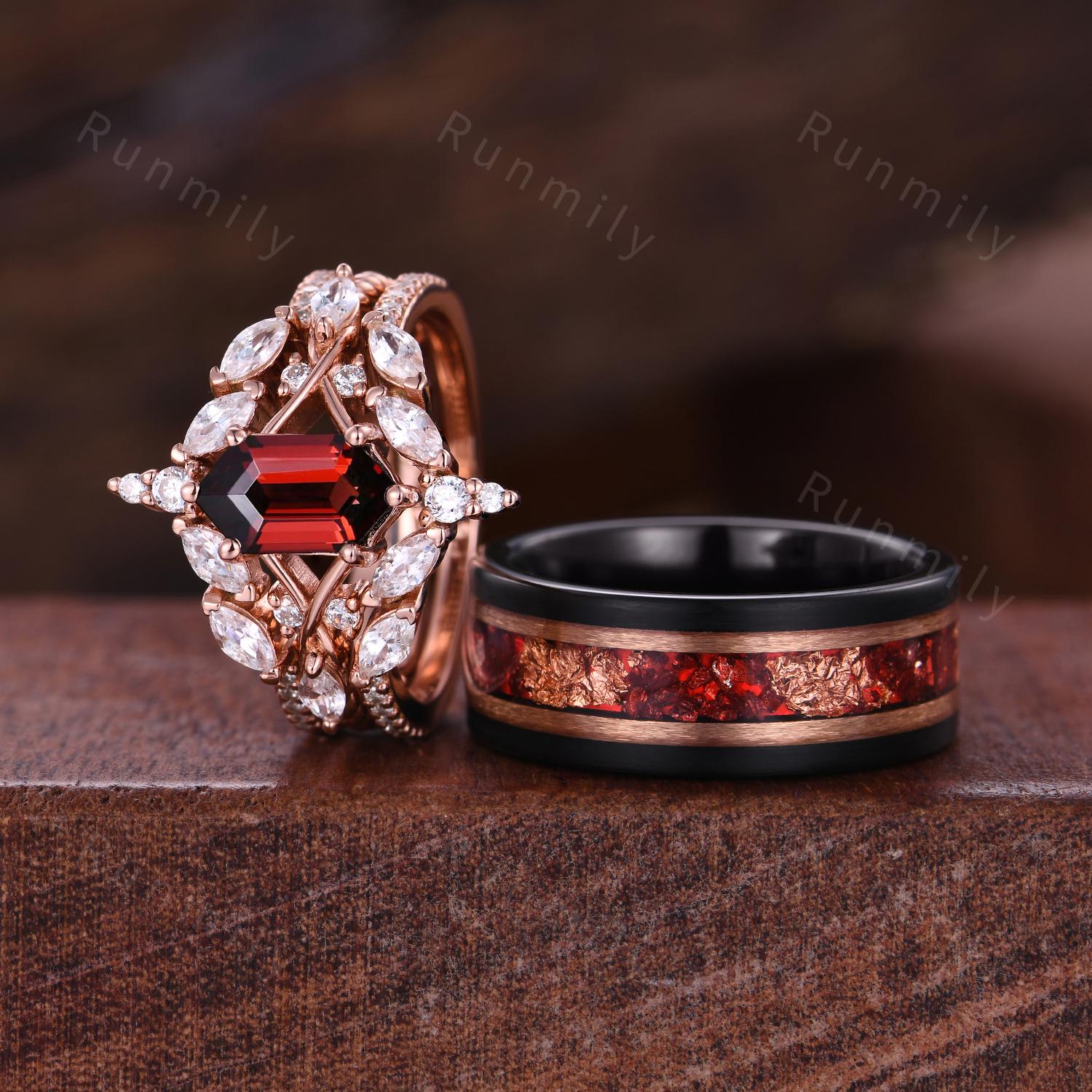Vintage Hexagon Garnet Couples Ring Set Double Curved Diamond Band Rose Gold His and Her Bands Mens Garnet Ring Promise Ring For Couple