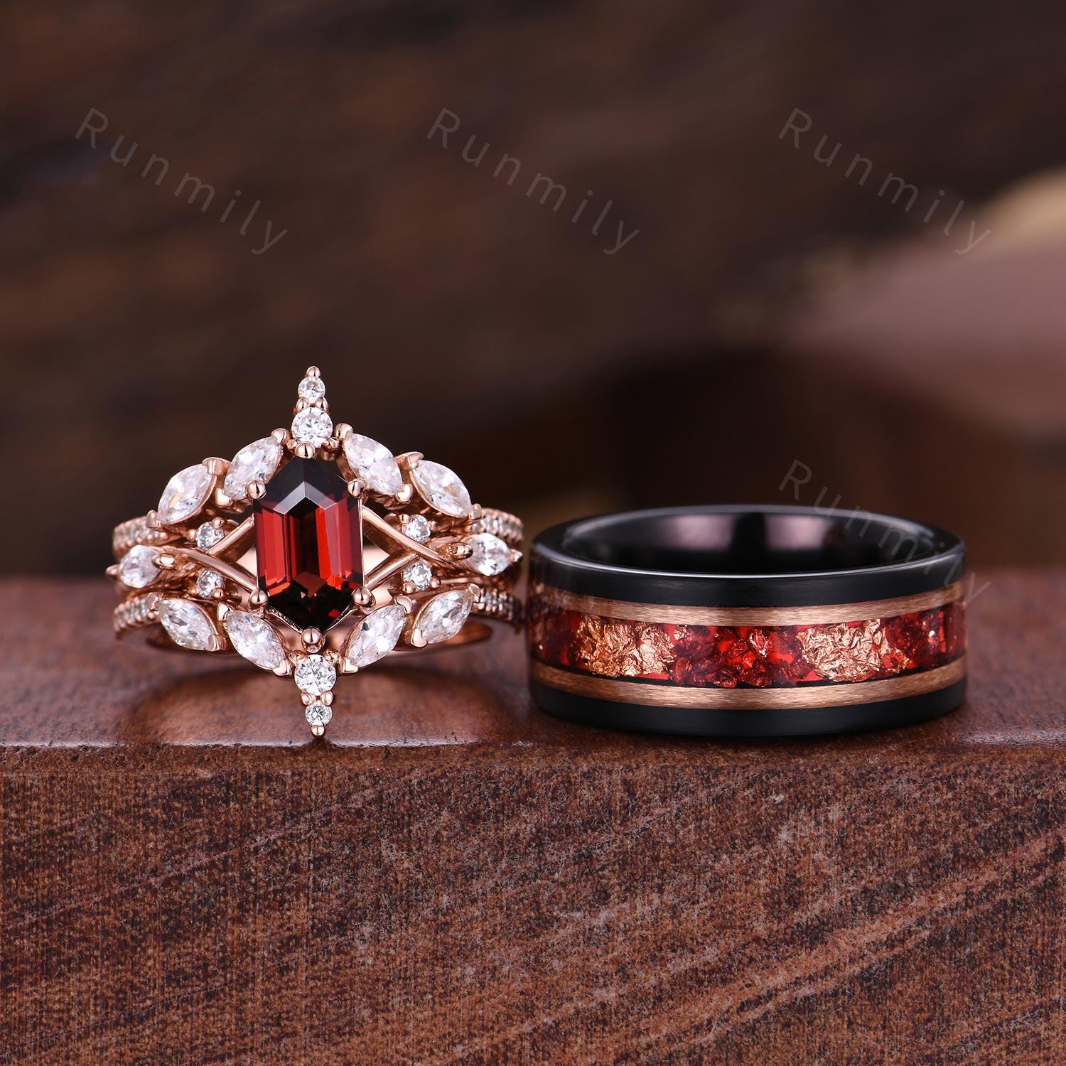 Vintage Hexagon Garnet Couples Ring Set Double Curved Diamond Band Rose Gold His and Her Bands Mens Garnet Ring Promise Ring For Couple