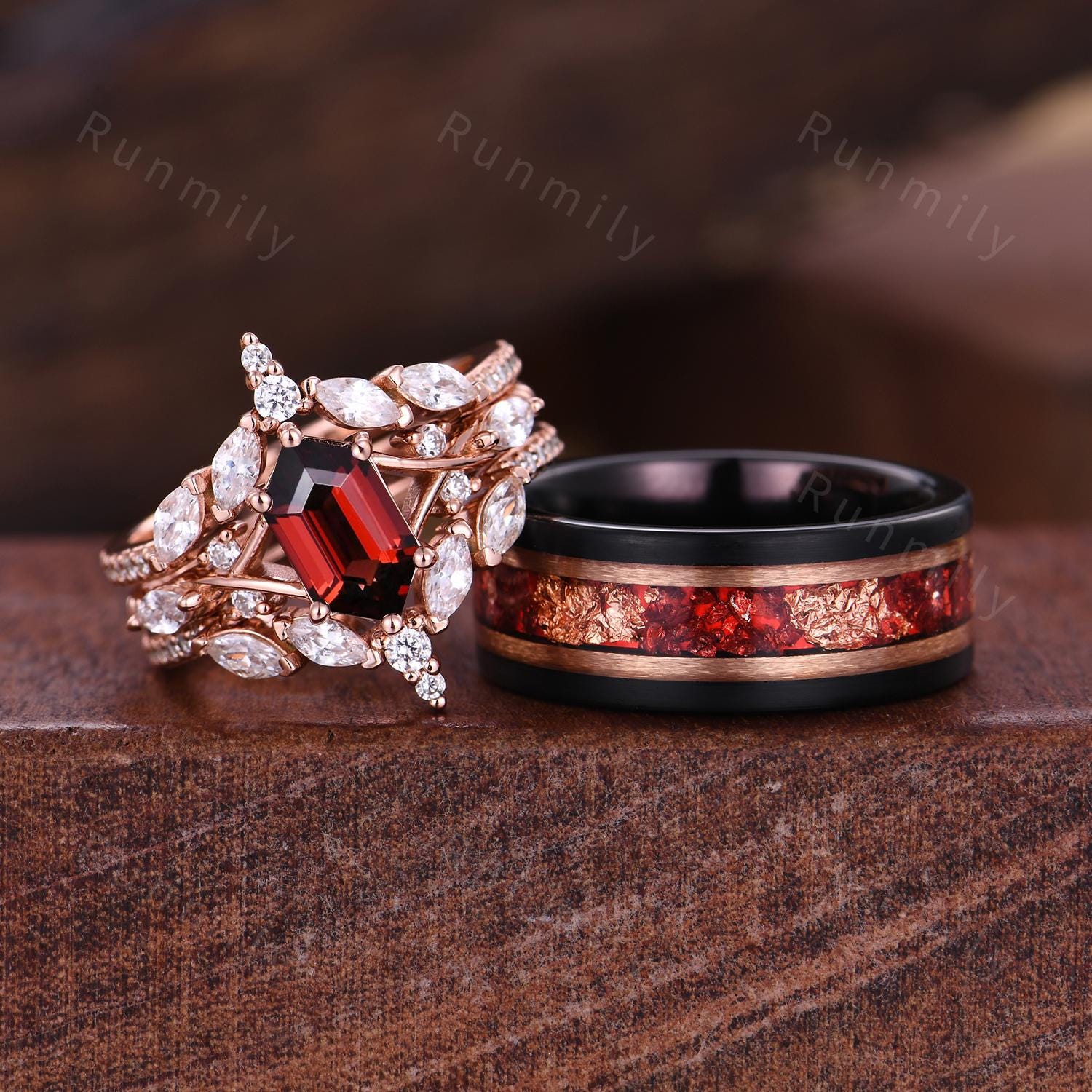 Vintage Hexagon Garnet Couples Ring Set Double Curved Diamond Band Rose Gold His and Her Bands Mens Garnet Ring Promise Ring For Couple
