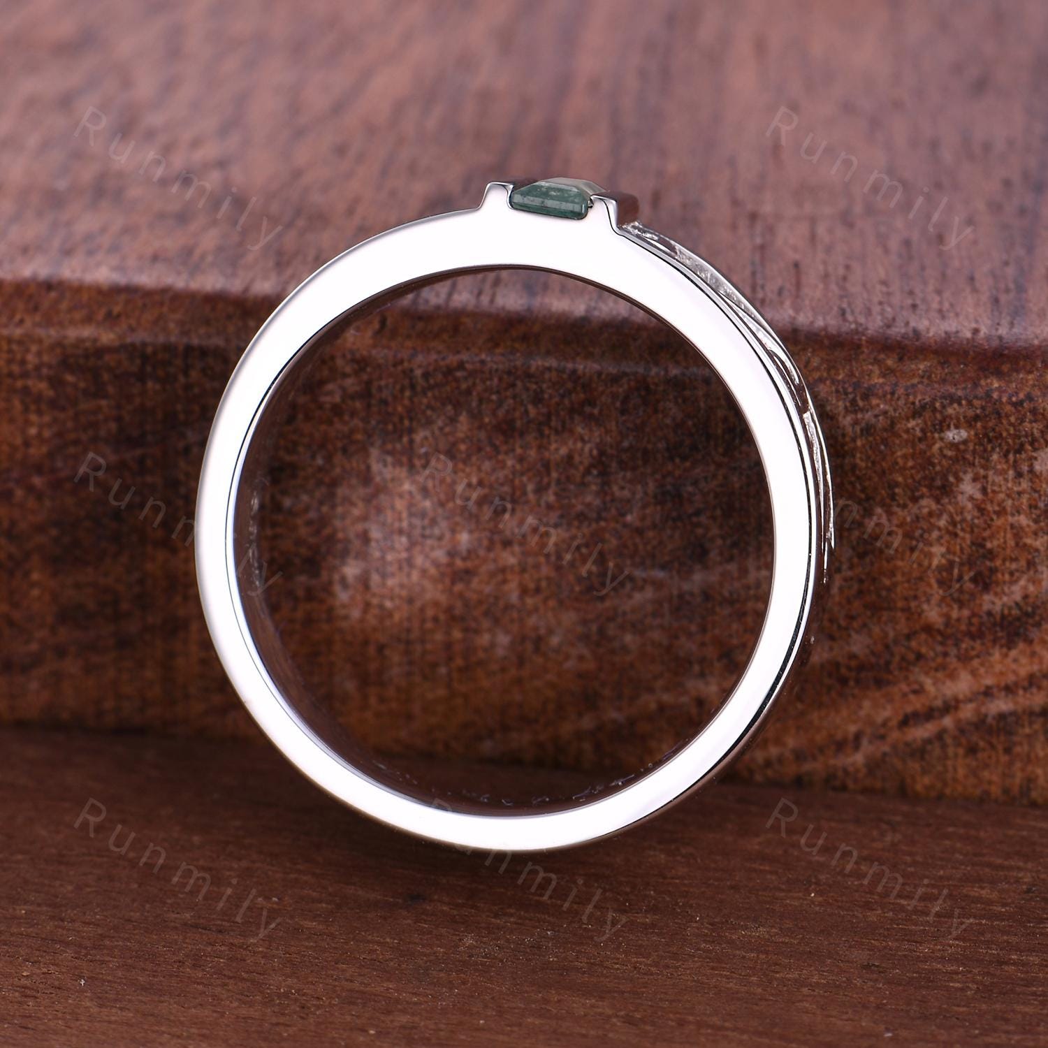 Vintage Mens Moss Agate Band Mens 5mm Wedding Band Baguette Cut Moss Agate Band Mens Wave Leaf Stacking Matching Band Gift For Husband