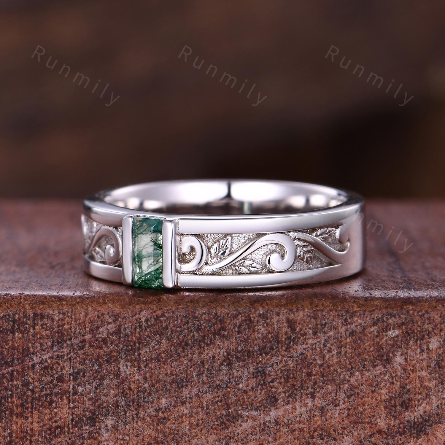 Vintage Mens Moss Agate Band Mens 5mm Wedding Band Baguette Cut Moss Agate Band Mens Wave Leaf Stacking Matching Band Gift For Husband