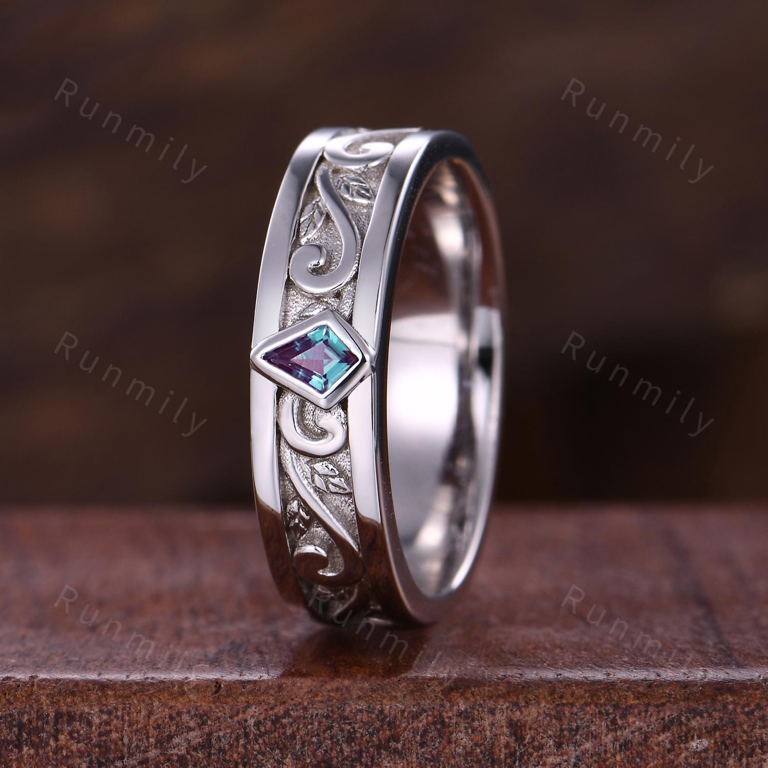 Wave Leaf Blue Sapphire Wedding Band Unique Kite cut Wedding Band Mens 5mm Ring His Engagement Ring Band September Ring Gift For Husband