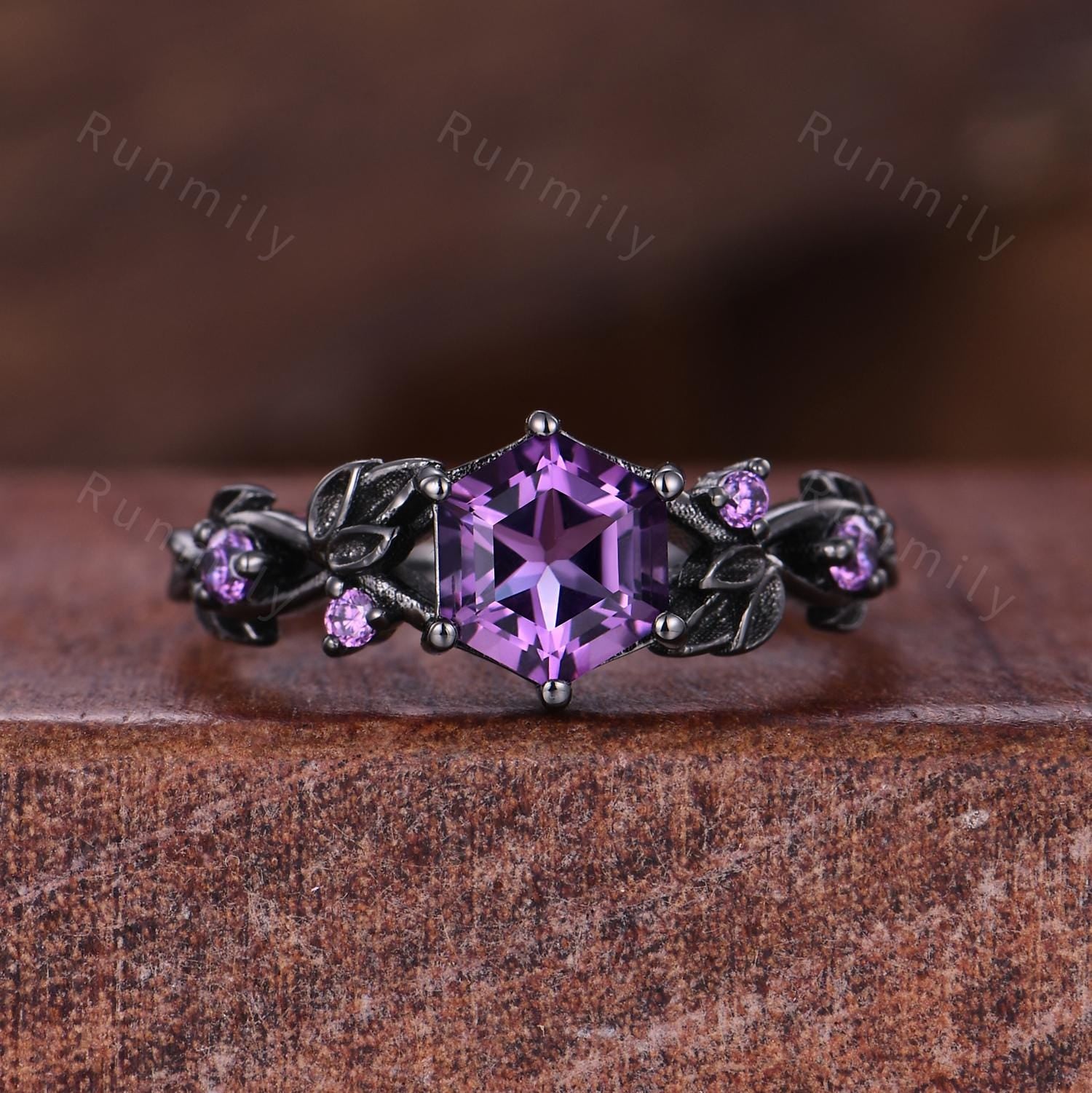 Hexagon cut Amethyst Engagement ring set Vintage amethyst wedding band Black gold branch leaf Bridal set Anniversary ring gift Gothic Ring