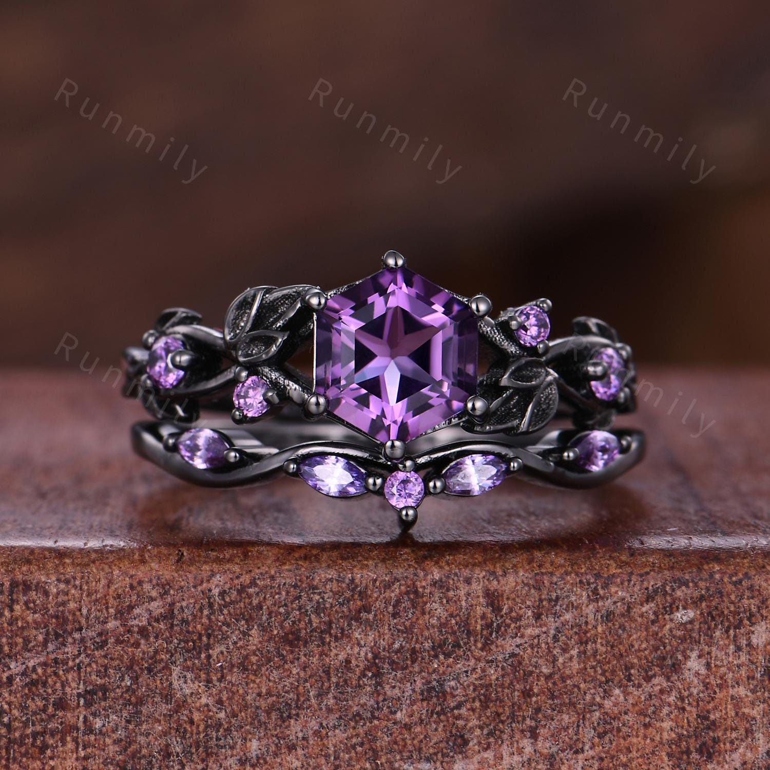 Hexagon cut Amethyst Engagement ring set Vintage amethyst wedding band Black gold branch leaf Bridal set Anniversary ring gift Gothic Ring