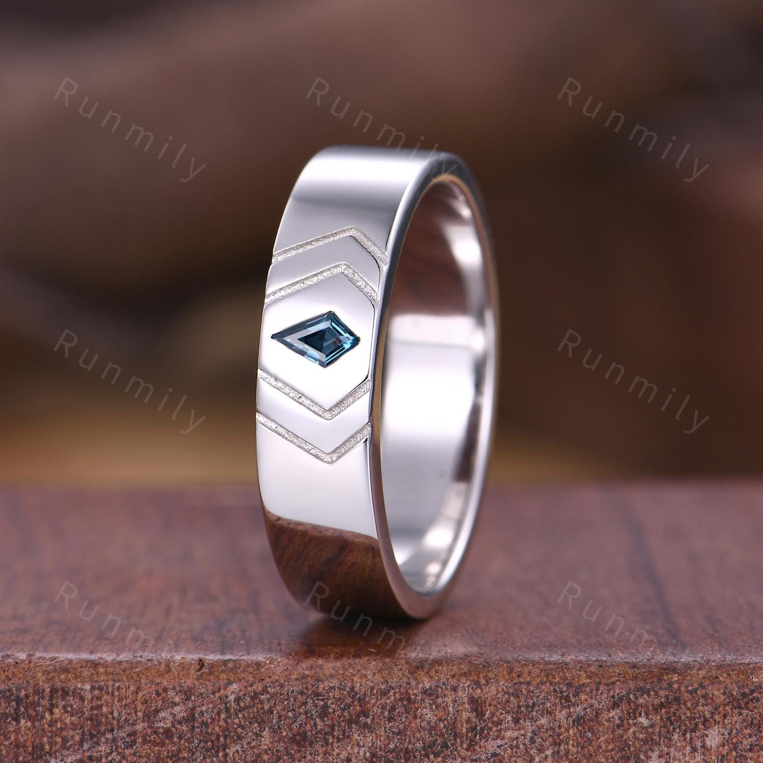 Kite cut London Blue Topaz Wedding Band Mens Wedding Band 5mm Men's Stacking Ring Unique Mens Engagement Ring Band Retro Vintage Silver Ring