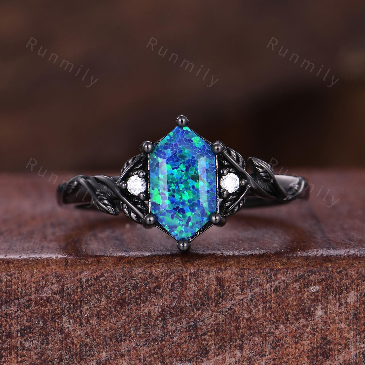 Vintage blue opal engagement ring set black gold twig leaf blue sapphire band nature branch ring unique art deco bridal Promise ring set