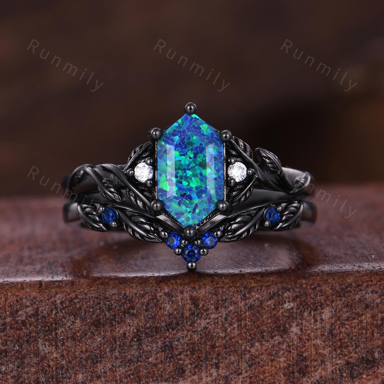Vintage blue opal engagement ring set black gold twig leaf blue sapphire band nature branch ring unique art deco bridal Promise ring set