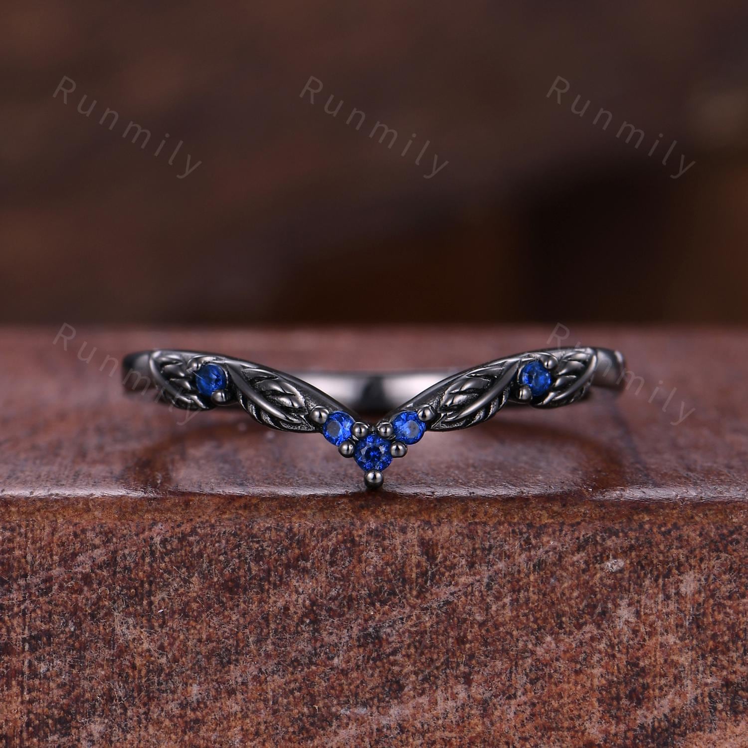 Vintage blue opal engagement ring set black gold twig leaf blue sapphire band nature branch ring unique art deco bridal Promise ring set