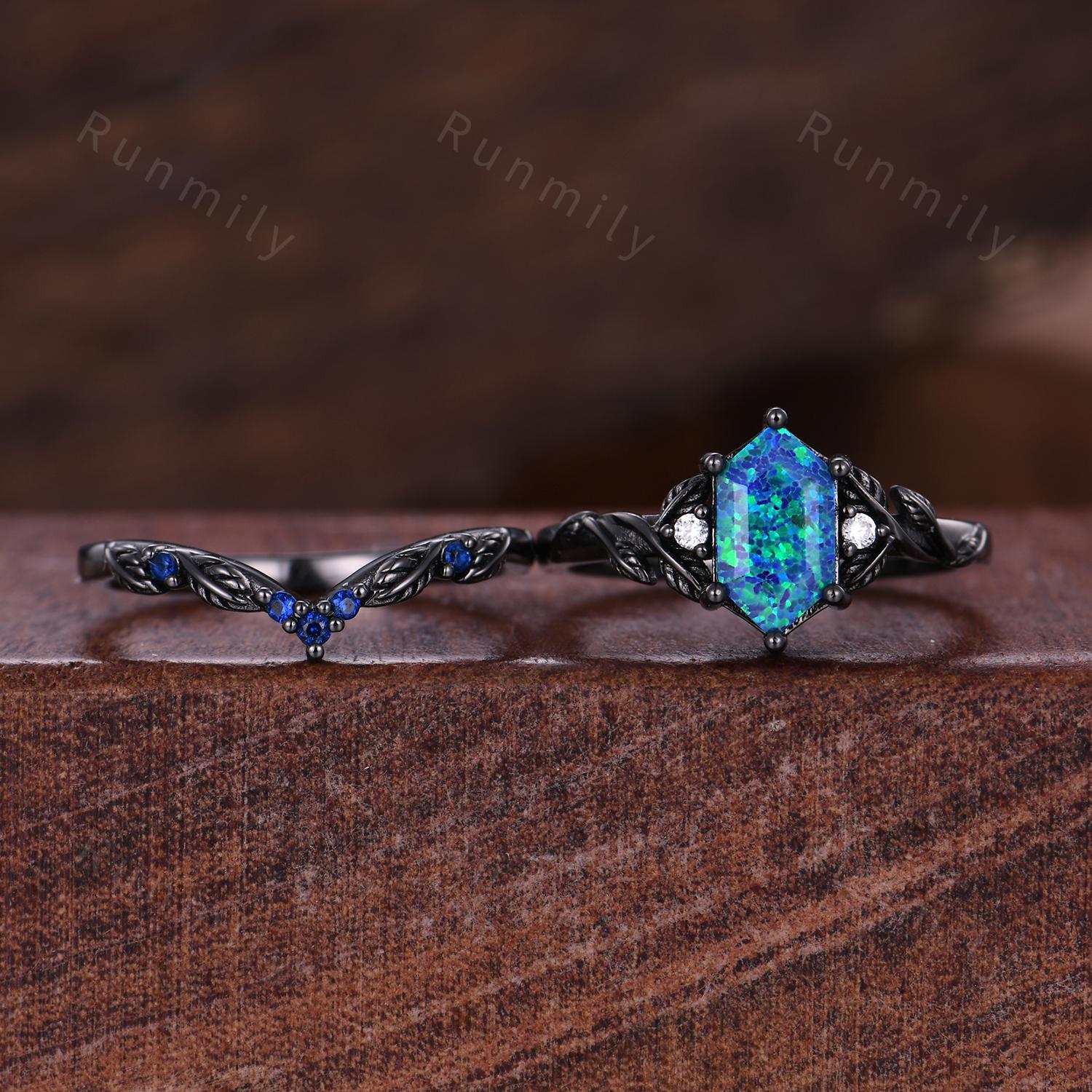 Vintage blue opal engagement ring set black gold twig leaf blue sapphire band nature branch ring unique art deco bridal Promise ring set