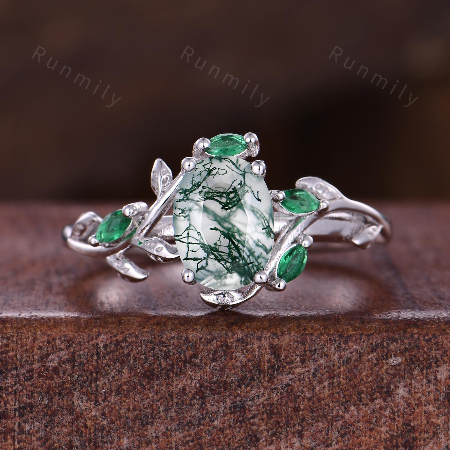 Moss Agate Emerald Engagement ring set Curved Leaf Emerald Stacking Wedding Band Oval cut Branch Ring Green Stones Bridal Promise Rings
