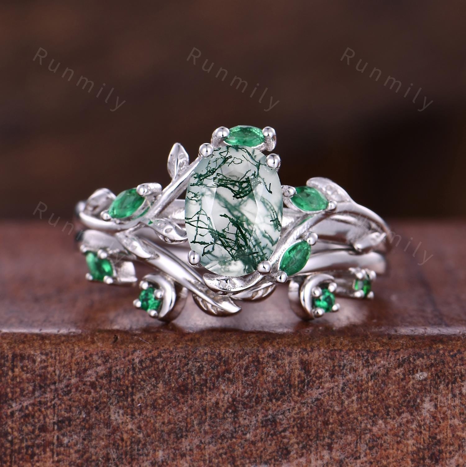 Moss Agate Emerald Engagement ring set Curved Leaf Emerald Stacking Wedding Band Oval cut Branch Ring Green Stones Bridal Promise Rings