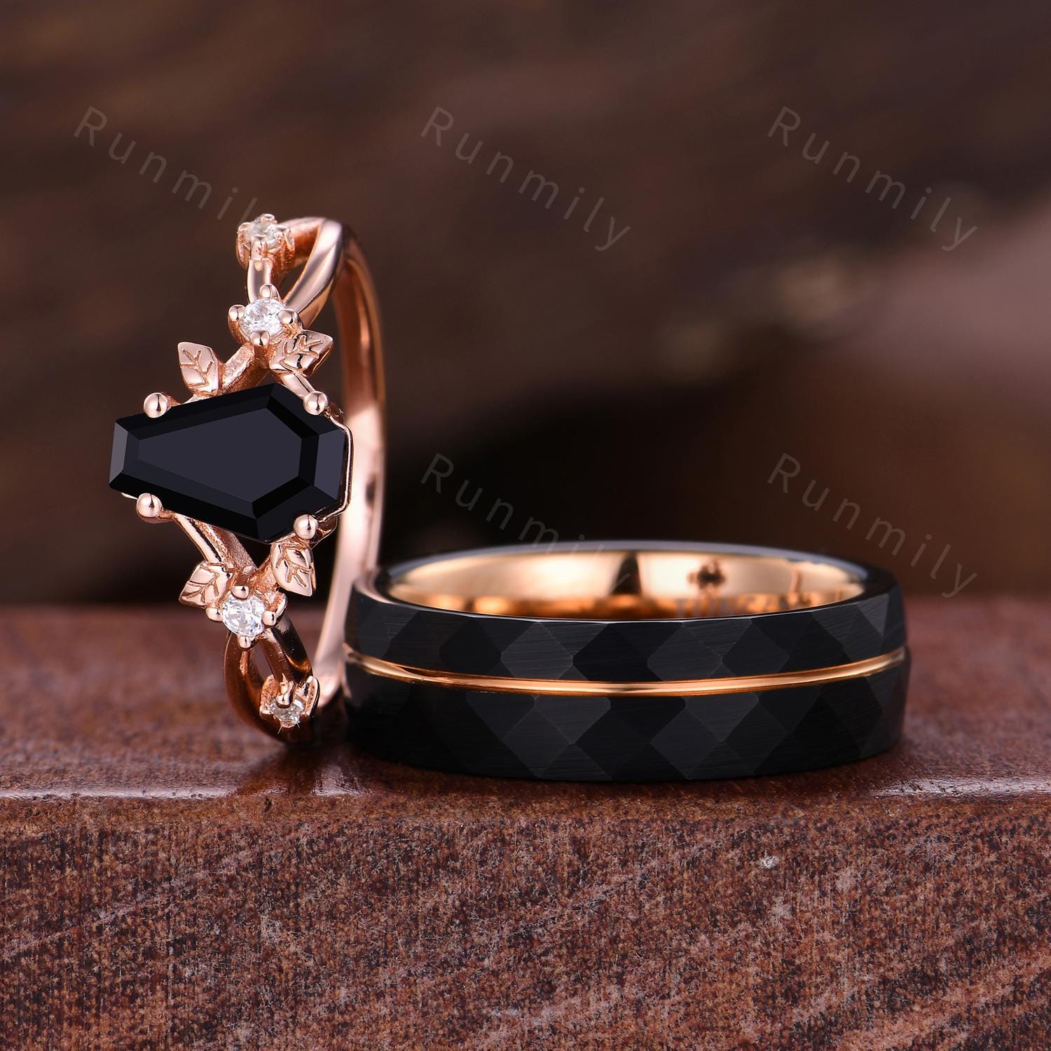 Coffin cut black onyx ring rose gold unique branch leaf ring Mens 6mm tungsten wedding ring couples promise ring set nature inspired ring