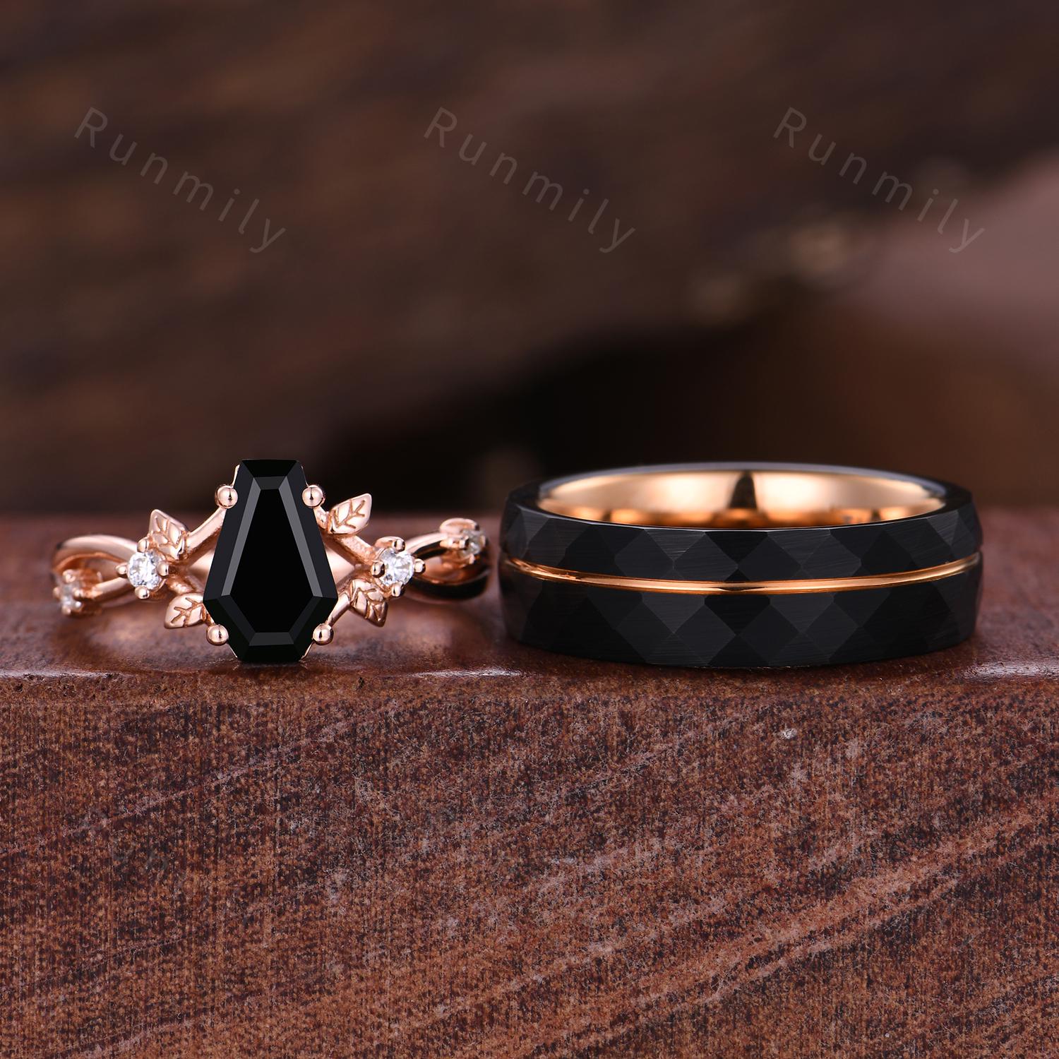 Coffin cut black onyx ring rose gold unique branch leaf ring Mens 6mm tungsten wedding ring couples promise ring set nature inspired ring