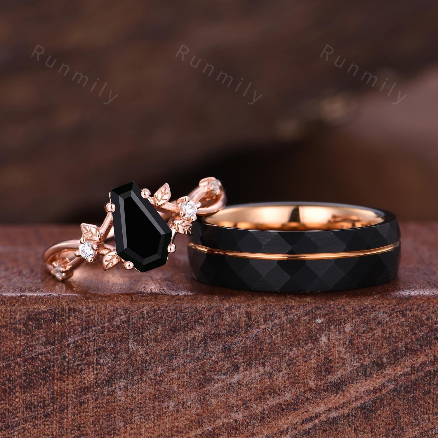 Coffin cut black onyx ring rose gold unique branch leaf ring Mens 6mm tungsten wedding ring couples promise ring set nature inspired ring