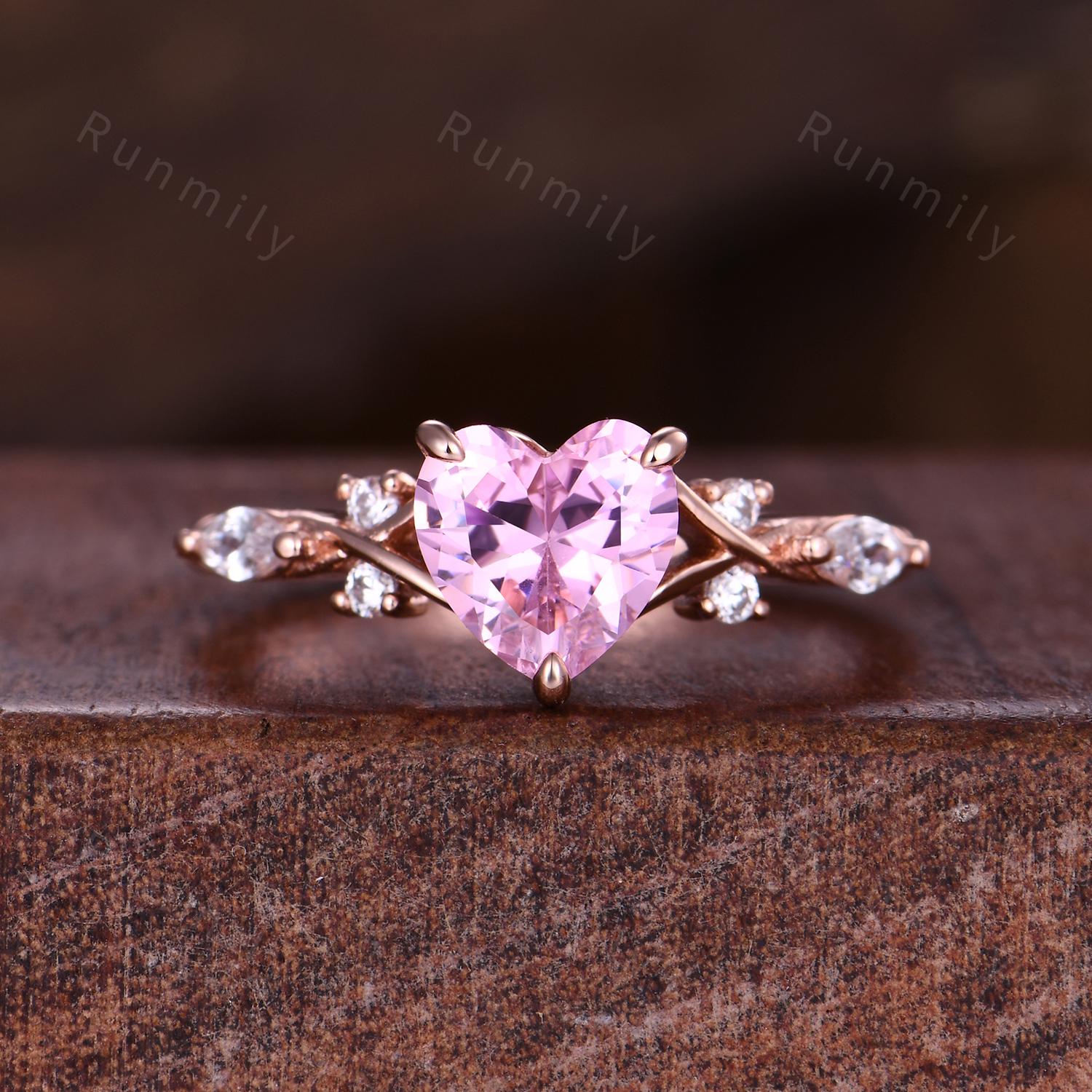Vintage heart shape pink diamond ring vintage rose gold engagement ring unique twig twisted moissanite wedding ring bridal promise ring
