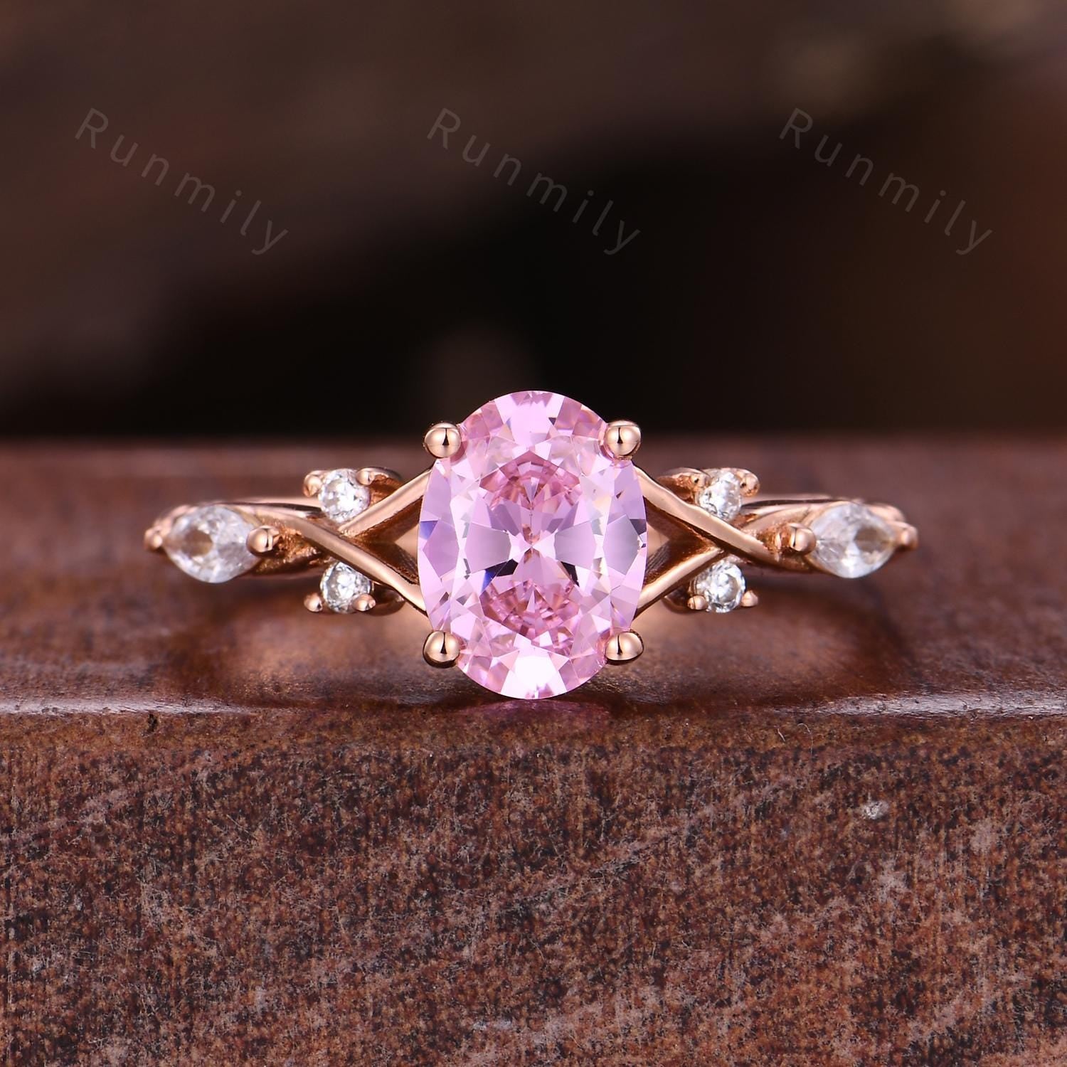 Oval cut Pink Diamond Ring Vintage Couples Ring Set Rose Gold Matching Rings His and Hers Wedding Band Promise Ring For Men For Women
