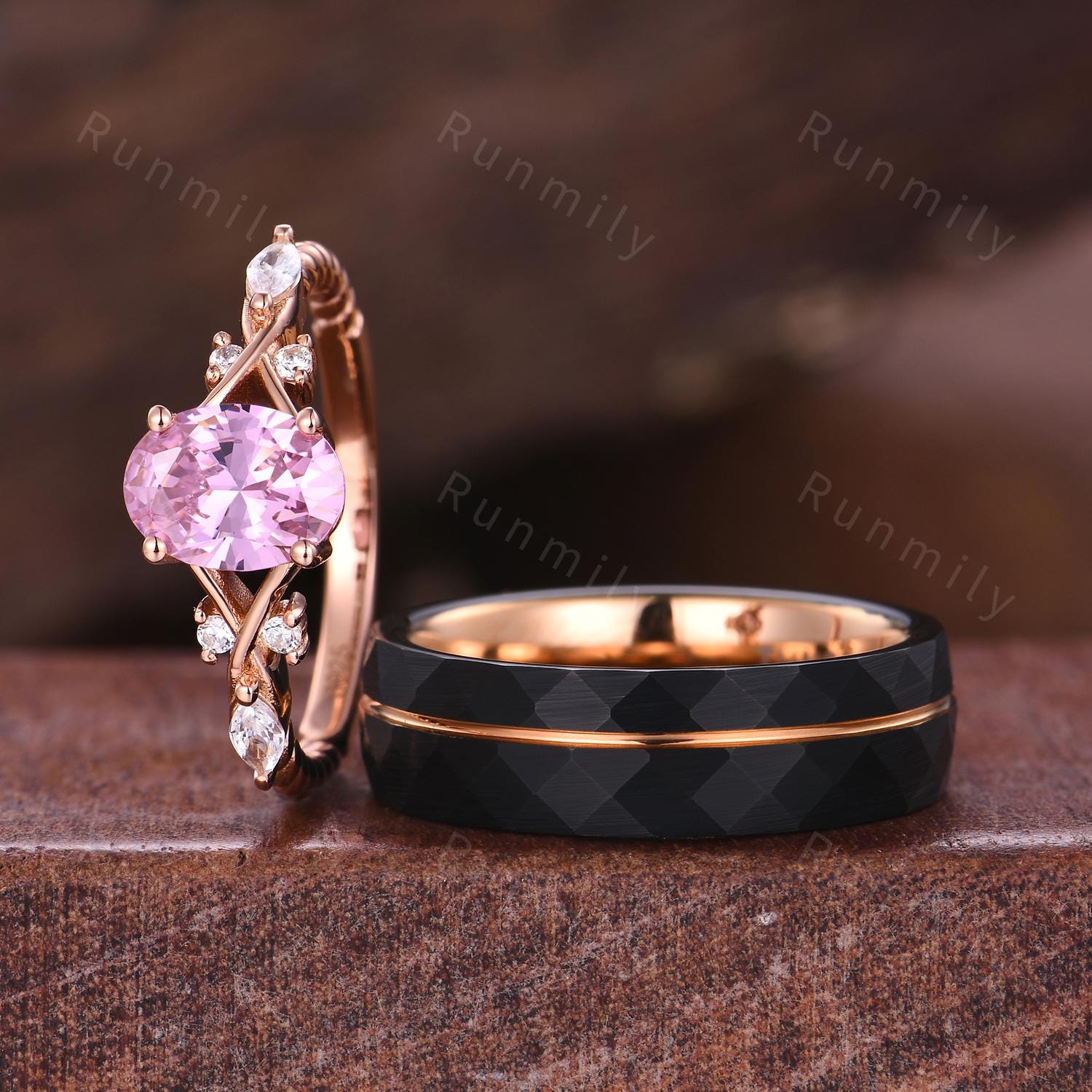 Oval cut Pink Diamond Ring Vintage Couples Ring Set Rose Gold Matching Rings His and Hers Wedding Band Promise Ring For Men For Women