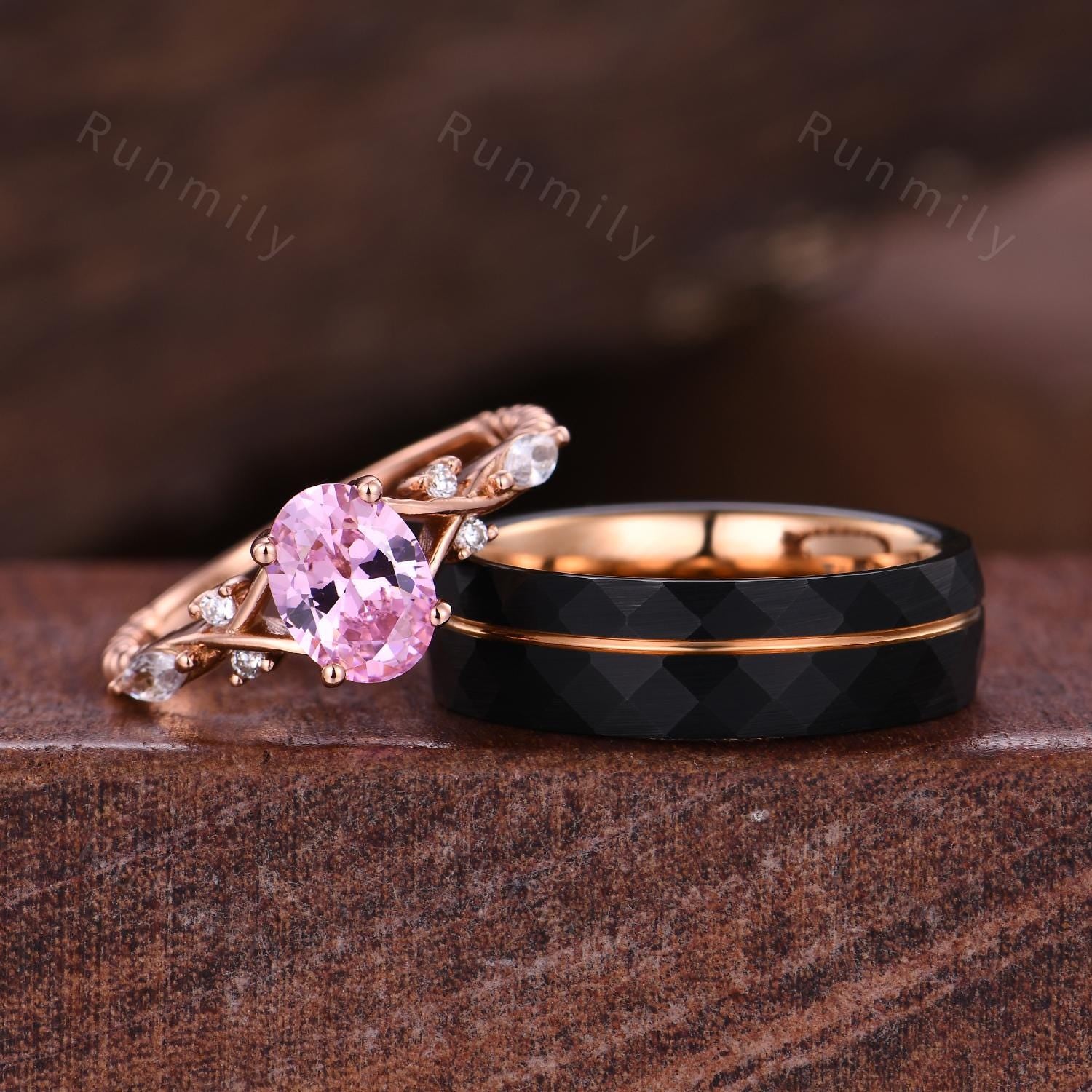 Oval cut Pink Diamond Ring Vintage Couples Ring Set Rose Gold Matching Rings His and Hers Wedding Band Promise Ring For Men For Women