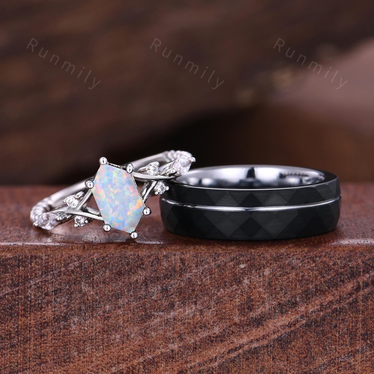 Vintage White Opal Couples Ring Silver Matching Ring Set His and Hers Wedding Band Promise Ring For Men For Women October Birthstone Rings