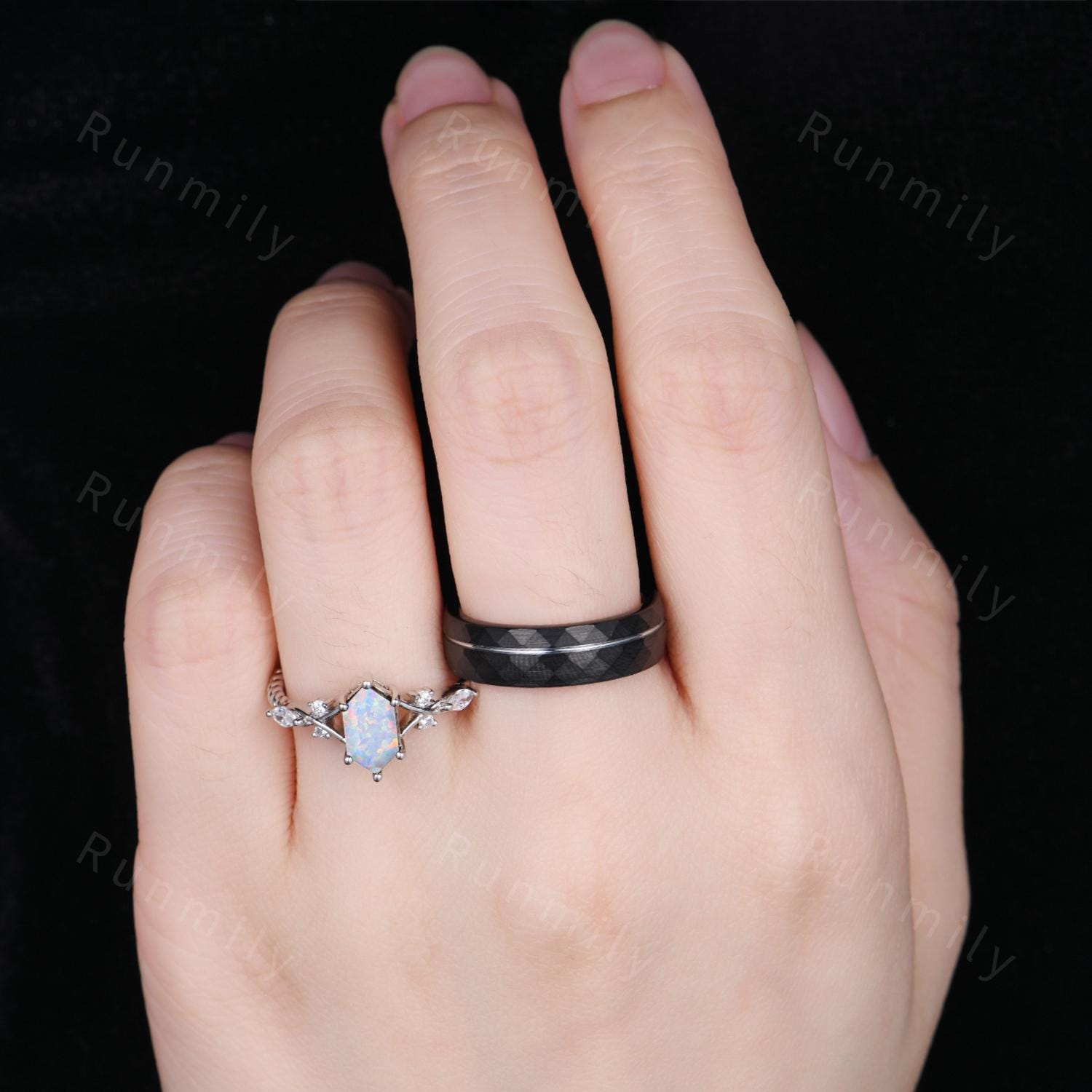 Vintage White Opal Couples Ring Silver Matching Ring Set His and Hers Wedding Band Promise Ring For Men For Women October Birthstone Rings