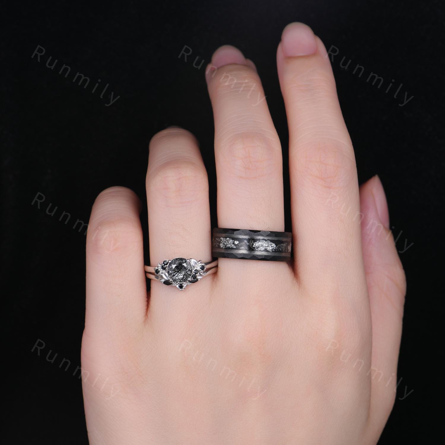 Black Rutilated Quartz Ring Set Nature Inspired Ring His and Hers Wedding Band Mens Black Tungsten Ring Unique Couple Promise Rings/Gifts