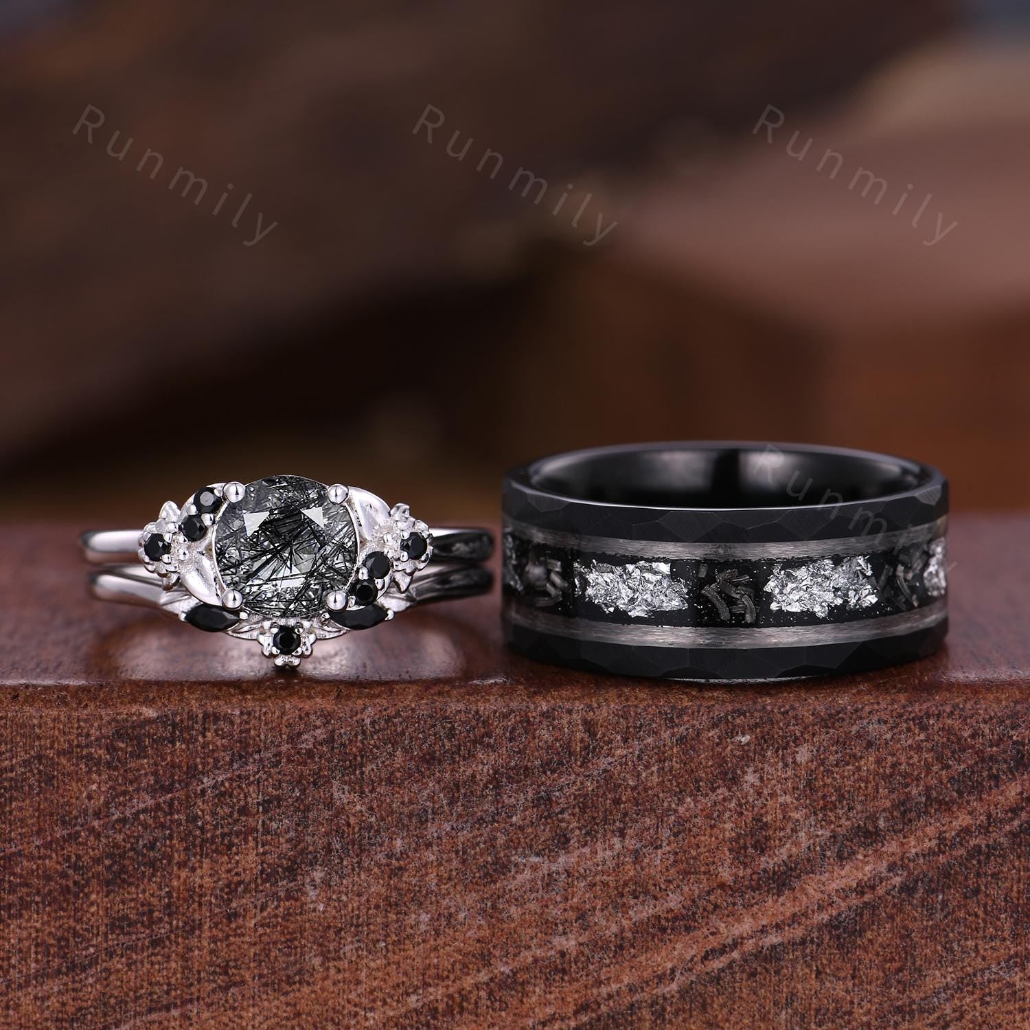 Black Rutilated Quartz Ring Set Nature Inspired Ring His and Hers Wedding Band Mens Black Tungsten Ring Unique Couple Promise Rings/Gifts