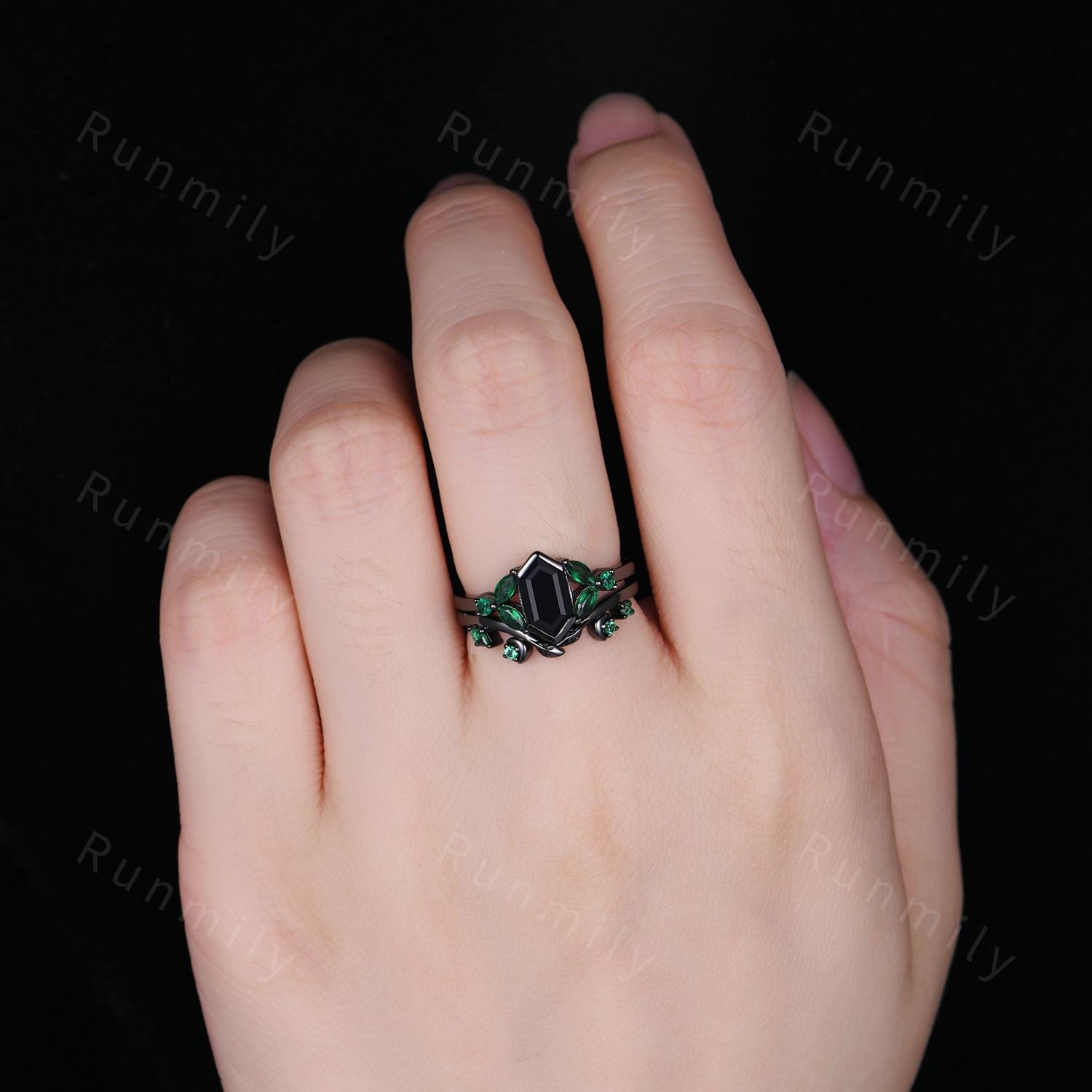 Vintage black onyx engagement ring black gold ring Leaf and Moon band Emerald curved stacking band unique art deco bridal wedding ring set