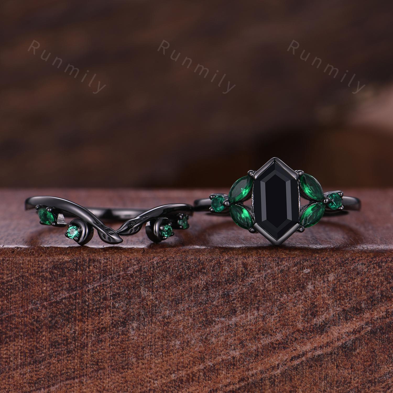 Vintage black onyx engagement ring black gold ring Leaf and Moon band Emerald curved stacking band unique art deco bridal wedding ring set