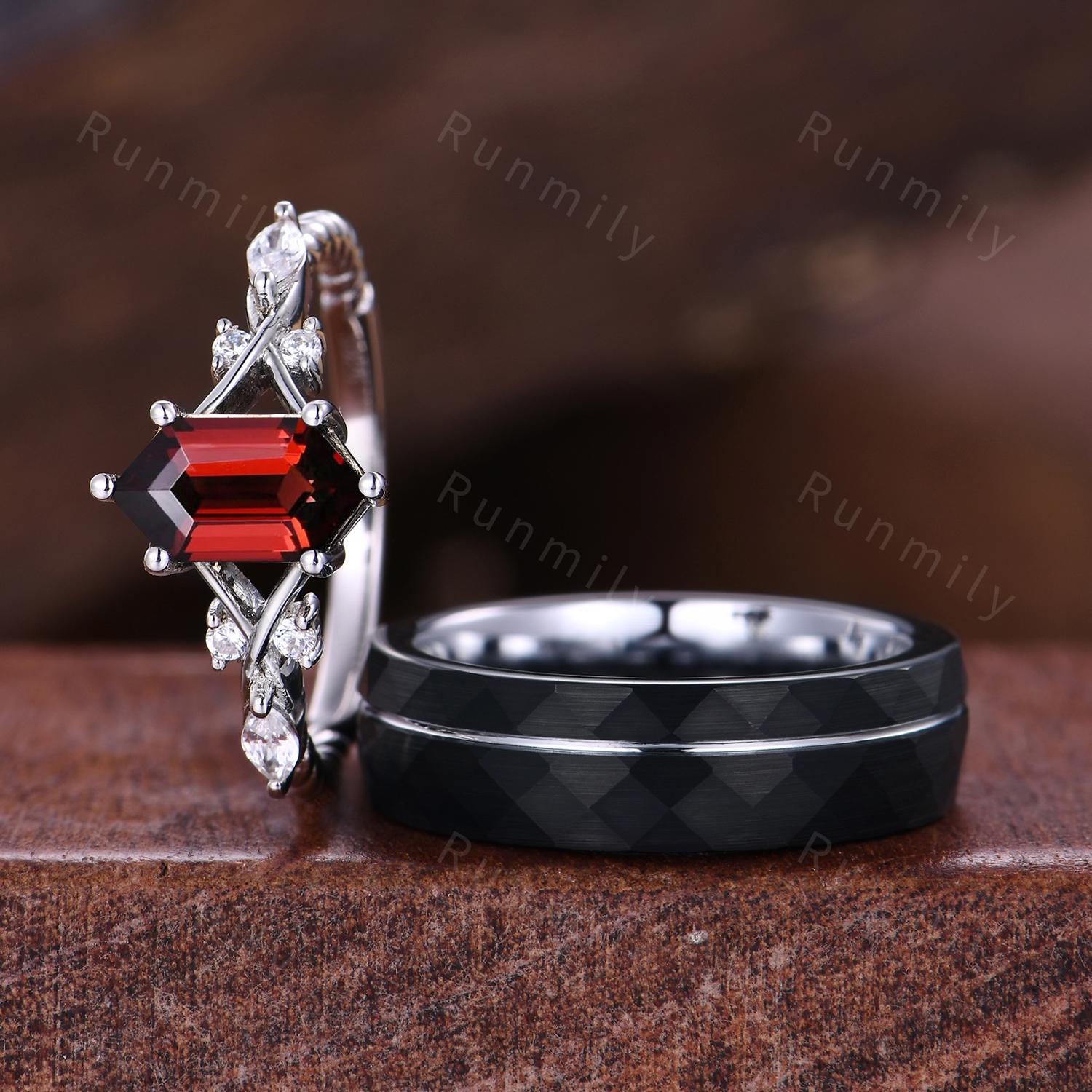 Red Garnet Couples Ring White Gold Matching Ring Set Unique His and Hers Wedding Band Promise Rings For Men For Women Natural Garnet Ring