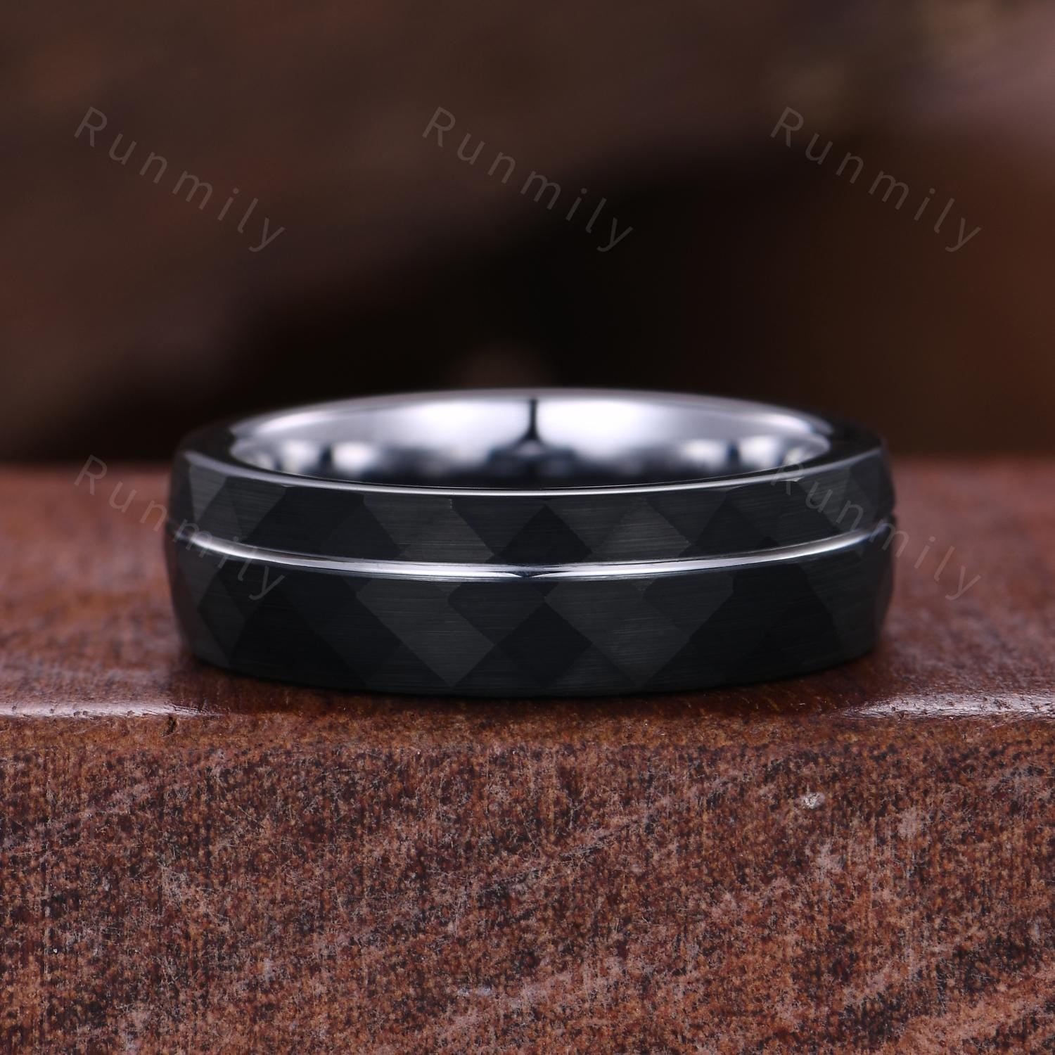 Oval cut Black Onyx Couples Ring Unique Diamond Cluster Bridal Ring Silver His and Hers Ring Mens Hammered Band Promise Rings For Couples