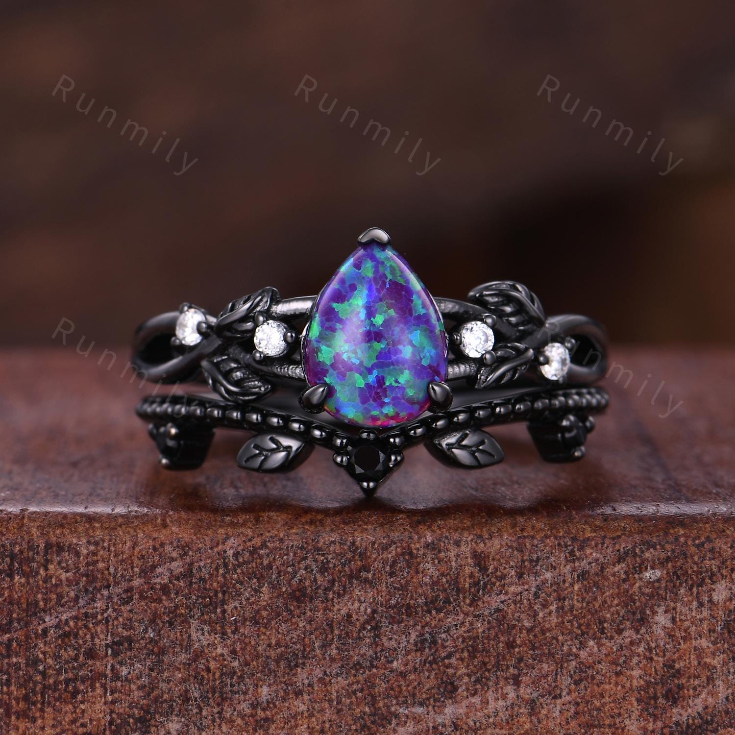 Lavender purple opal engagement ring set black gold branch leaf stacking ring Curved matching band unique art deco bridal wedding ring set