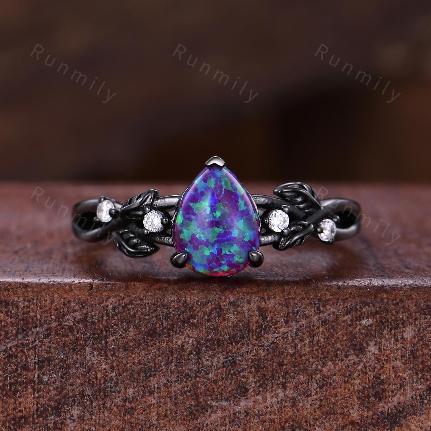 Lavender purple opal engagement ring set black gold branch leaf stacking ring Curved matching band unique art deco bridal wedding ring set