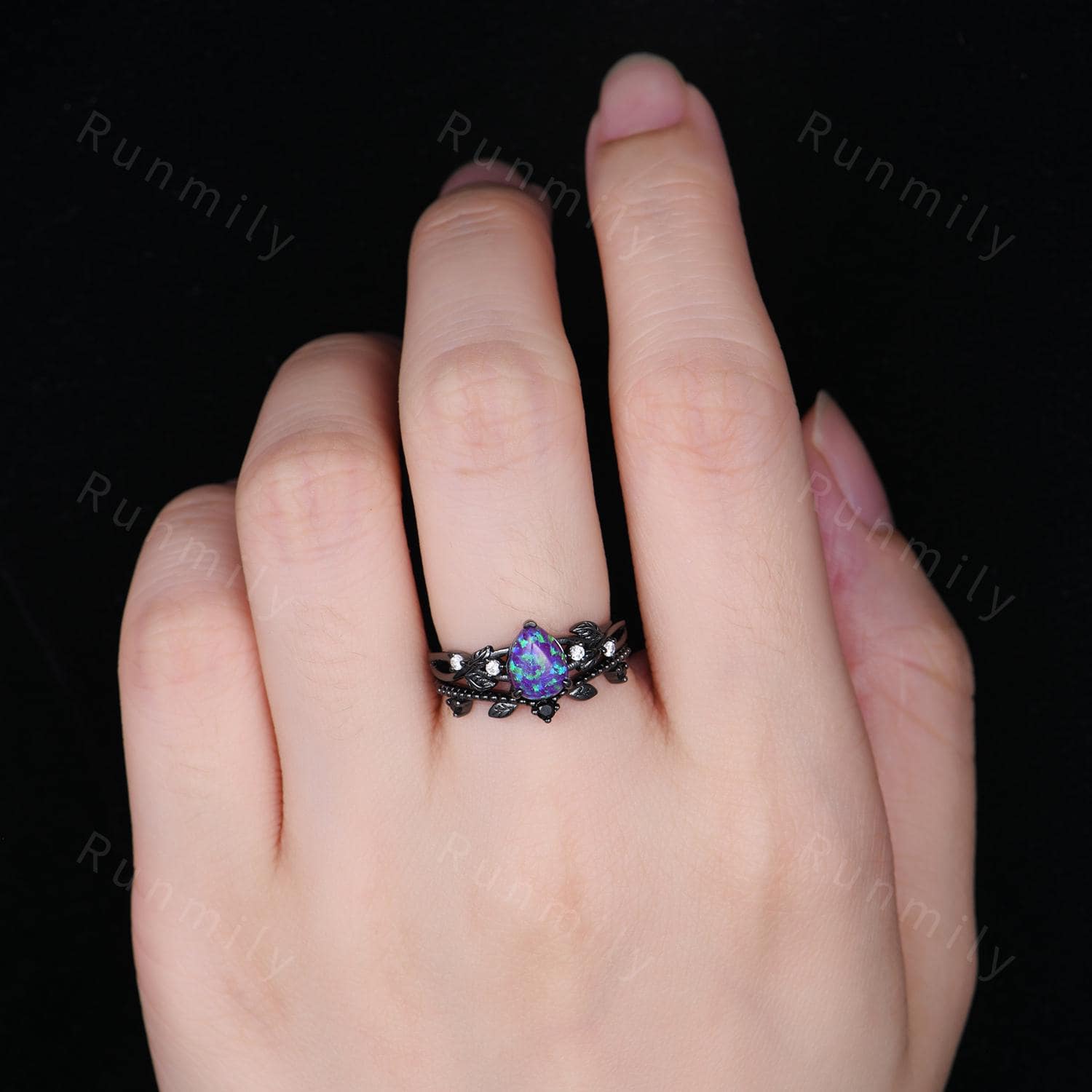Lavender purple opal engagement ring set black gold branch leaf stacking ring Curved matching band unique art deco bridal wedding ring set