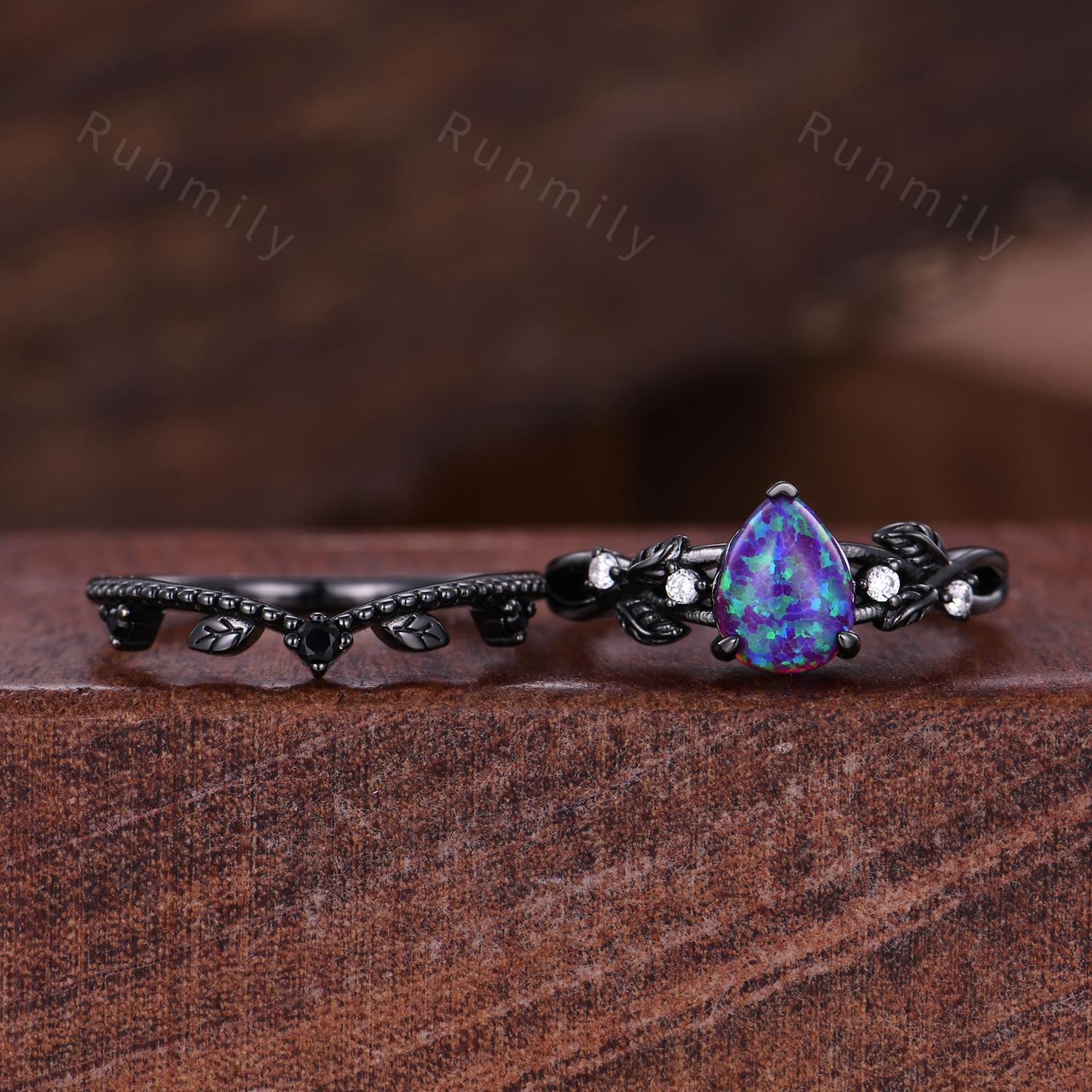 Lavender purple opal engagement ring set black gold branch leaf stacking ring Curved matching band unique art deco bridal wedding ring set