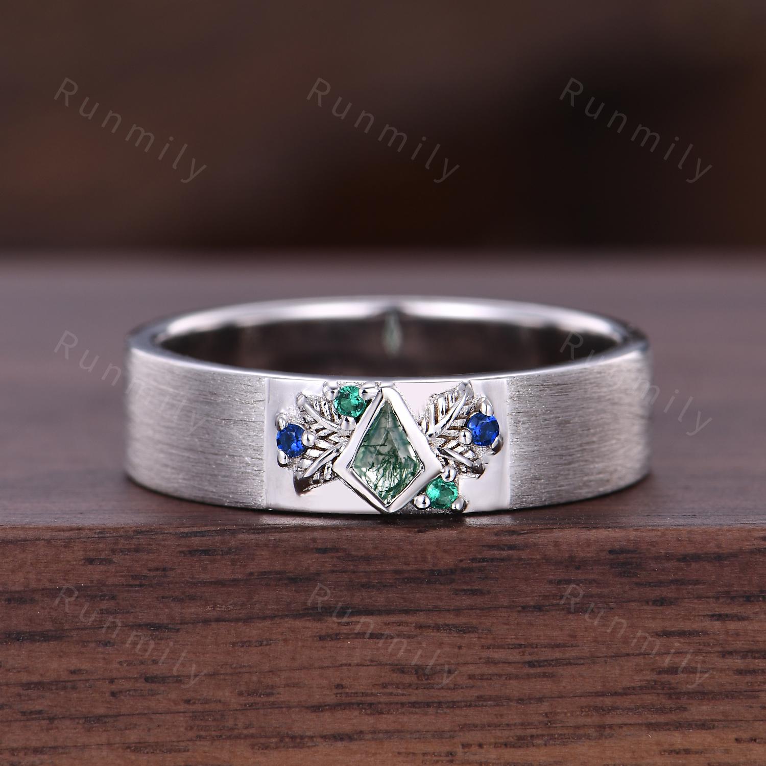 Kite cut Moss Agate Wedding Band Mens Gemstone Wedding Band Sapphire Emerald Men's Ring Unique Mens Engagement Ring Band Retro Vintage Ring