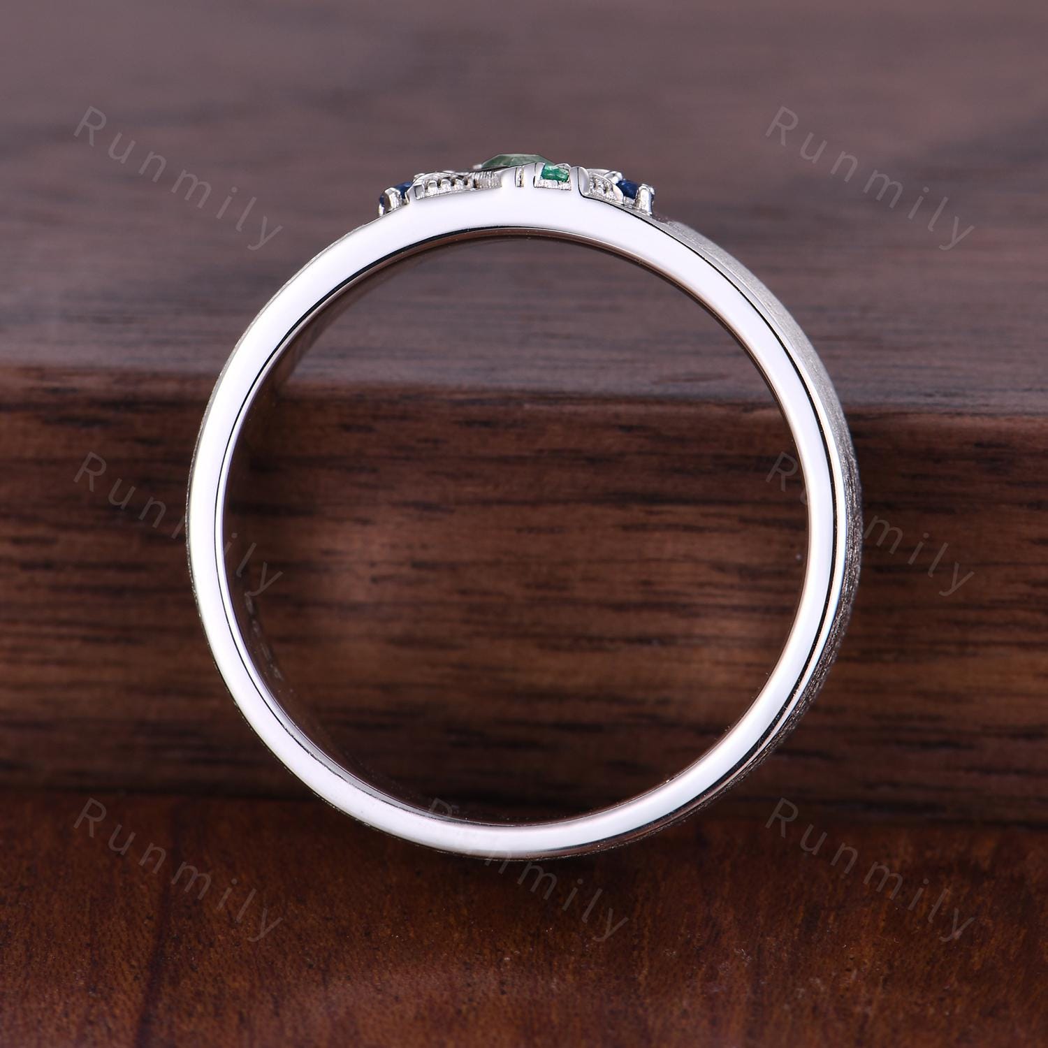 Kite cut Moss Agate Wedding Band Mens Gemstone Wedding Band Sapphire Emerald Men's Ring Unique Mens Engagement Ring Band Retro Vintage Ring