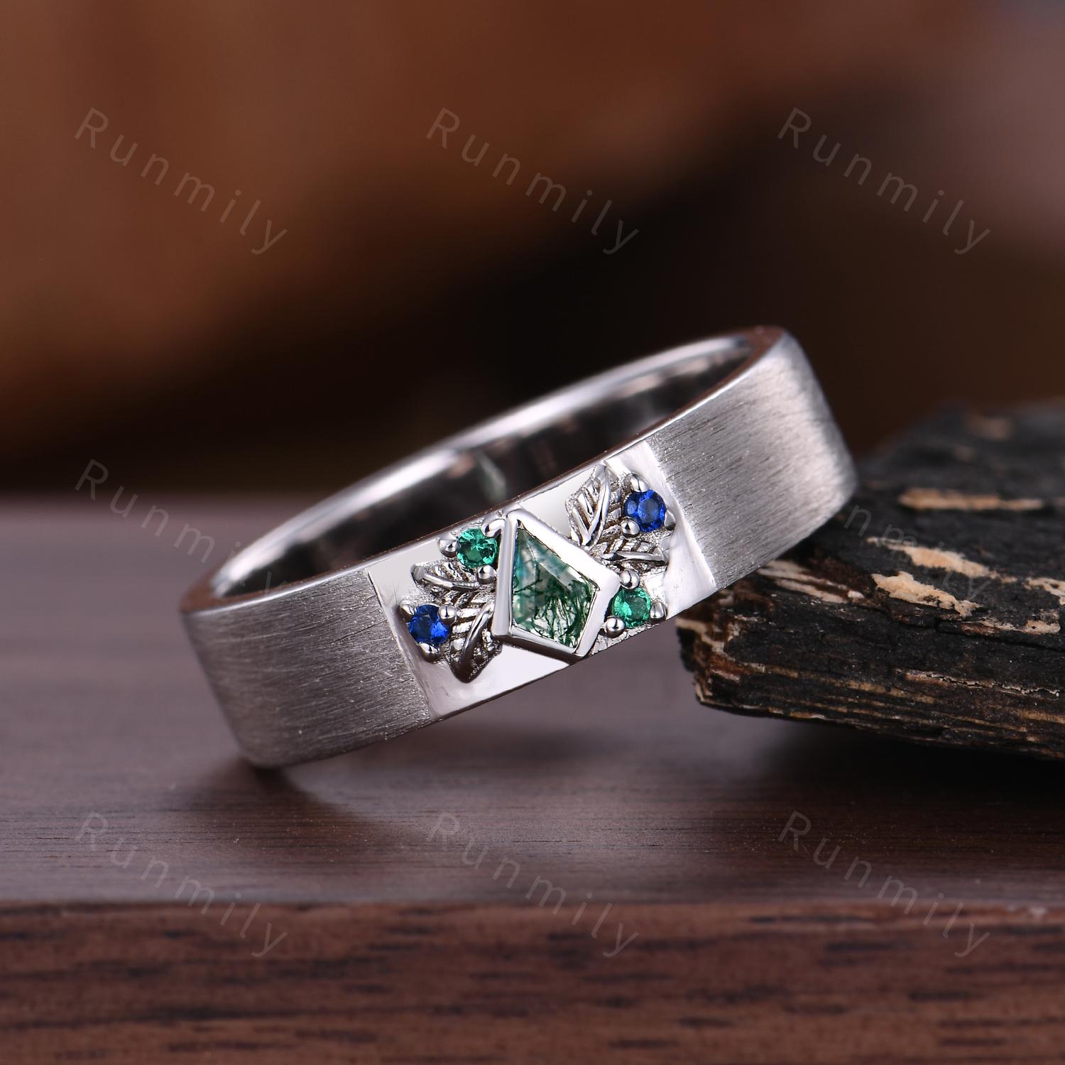 Kite cut Moss Agate Wedding Band Mens Gemstone Wedding Band Sapphire Emerald Men's Ring Unique Mens Engagement Ring Band Retro Vintage Ring