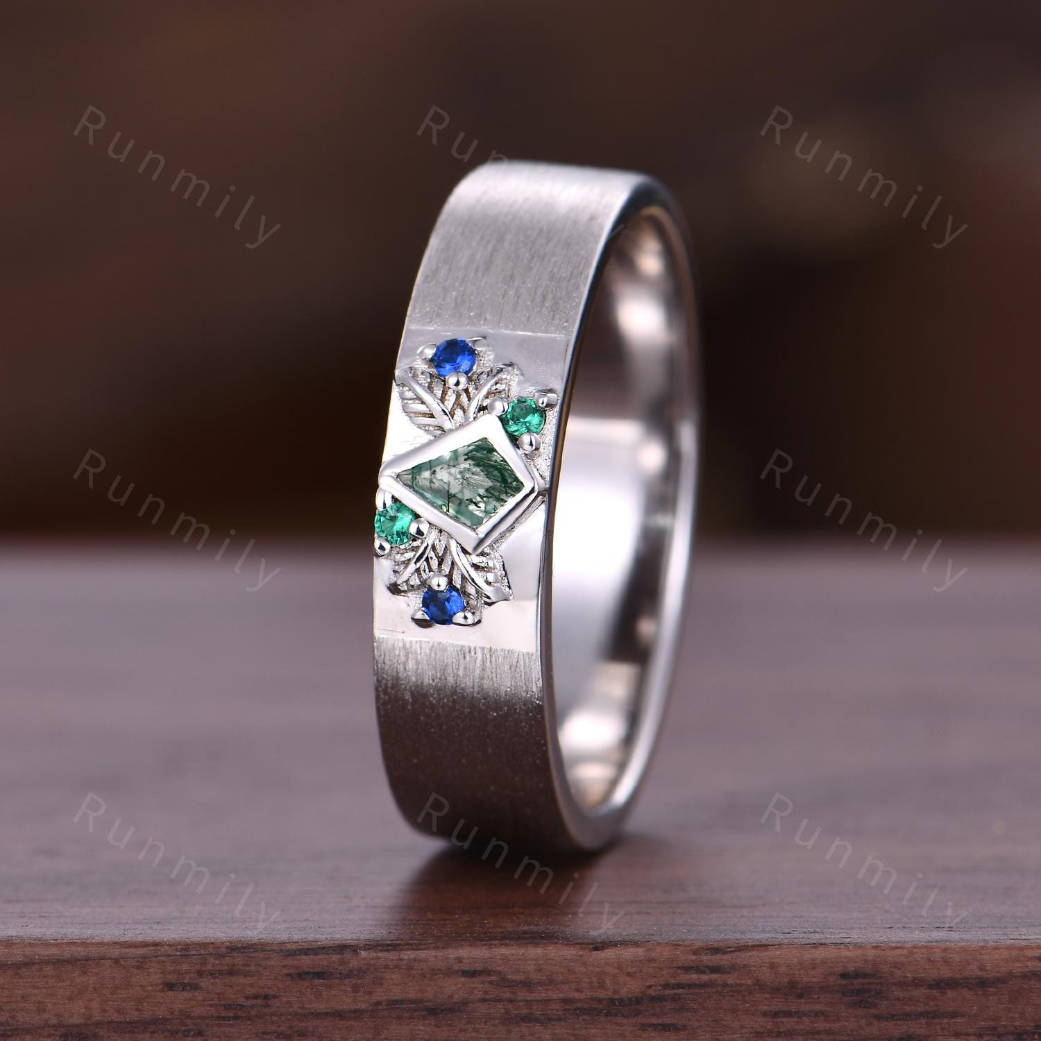 Kite cut Moss Agate Wedding Band Mens Gemstone Wedding Band Sapphire Emerald Men's Ring Unique Mens Engagement Ring Band Retro Vintage Ring