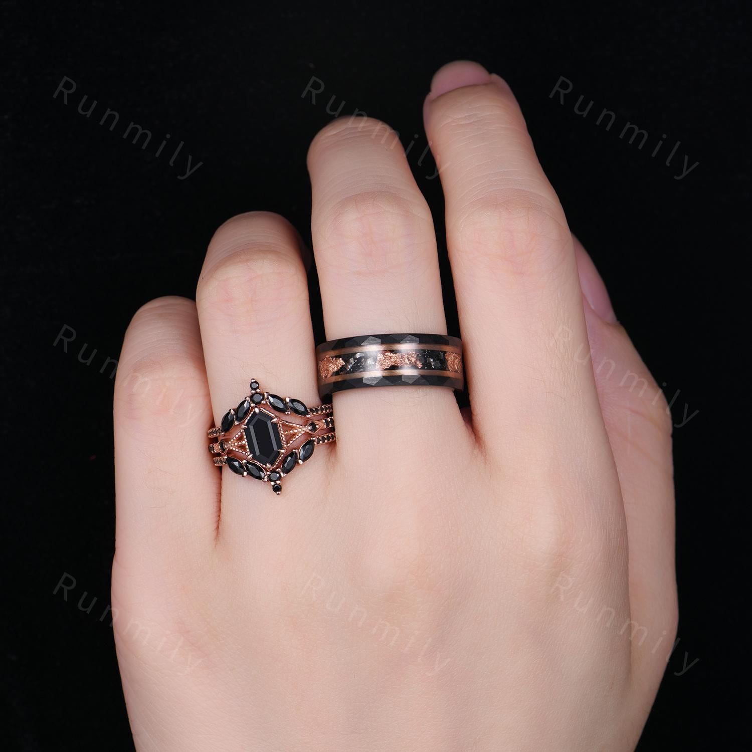 Black Onyx Couples Ring Set Vintage Double Curved Black Gem Band Black and Rose Gold His and Her Wedding Band Promise Ring For Men and Women